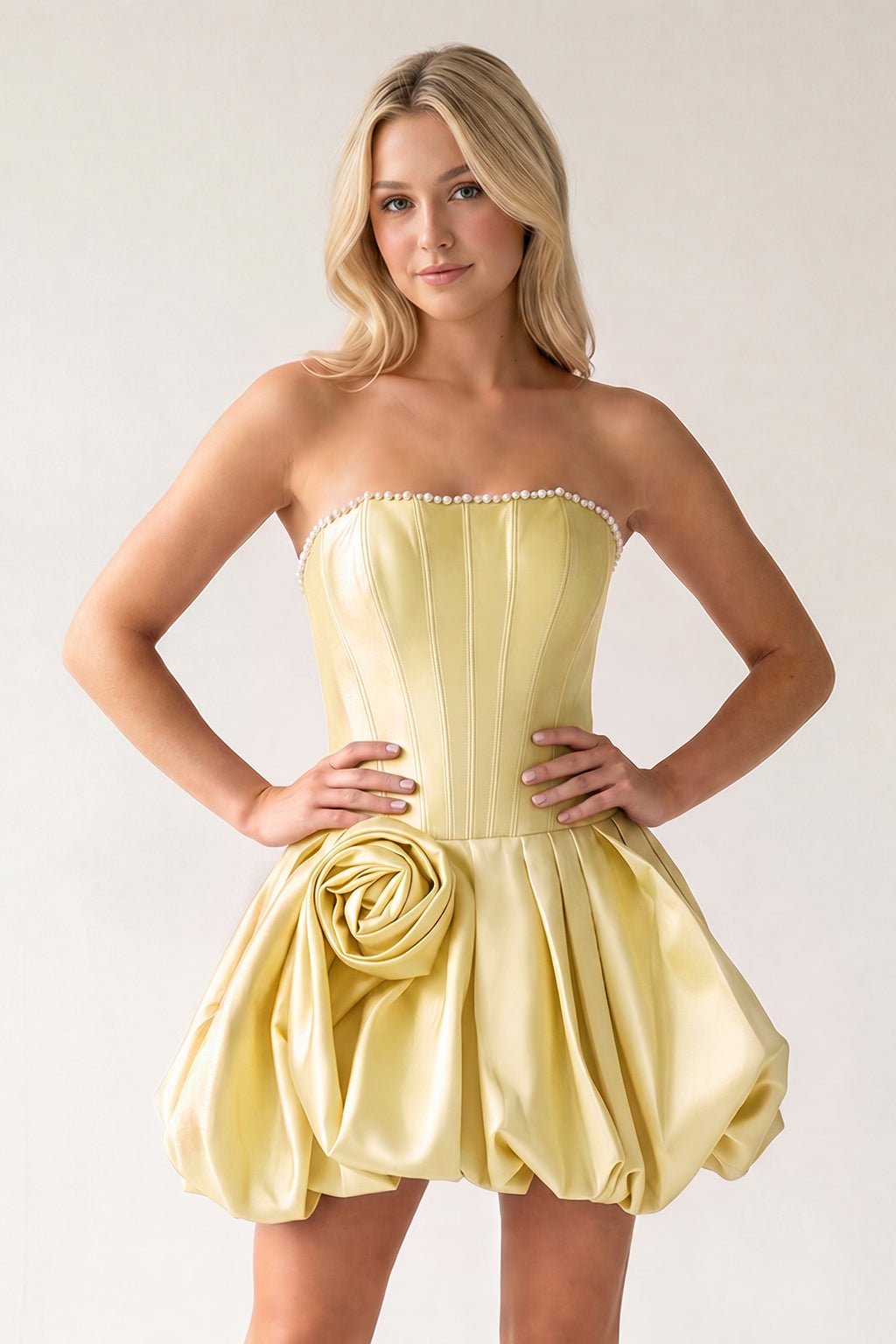 Fuchsia A-Line Bubble Hem Satin Strapless Corset Homecoming Dress