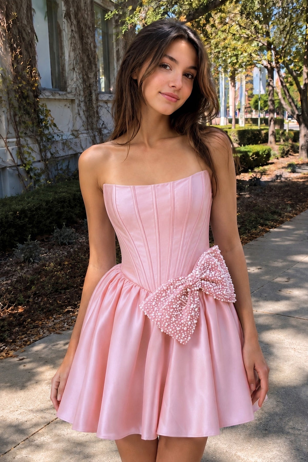 Fuchsia Strapless A-Line Satin Mini Corset Homecoming Dress With Bow