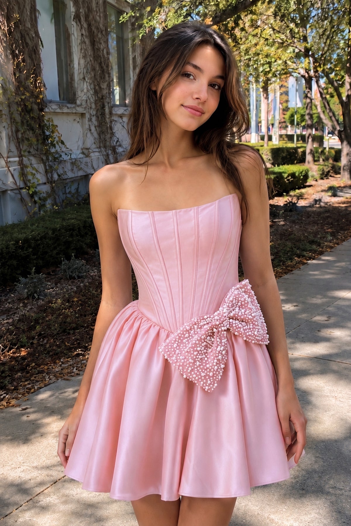 Fuchsia Strapless A-Line Satin Mini Corset Homecoming Dress With Bow