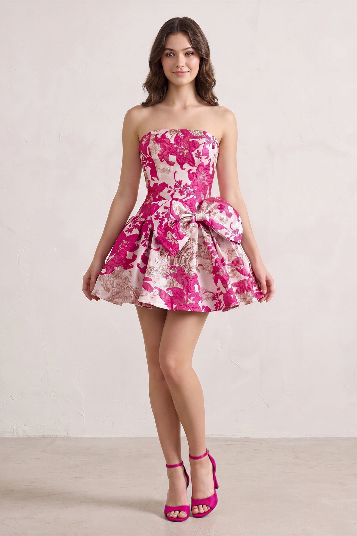 Fuchsia Strapless Jacquard A-Line Homecoming Dress with Bowknot