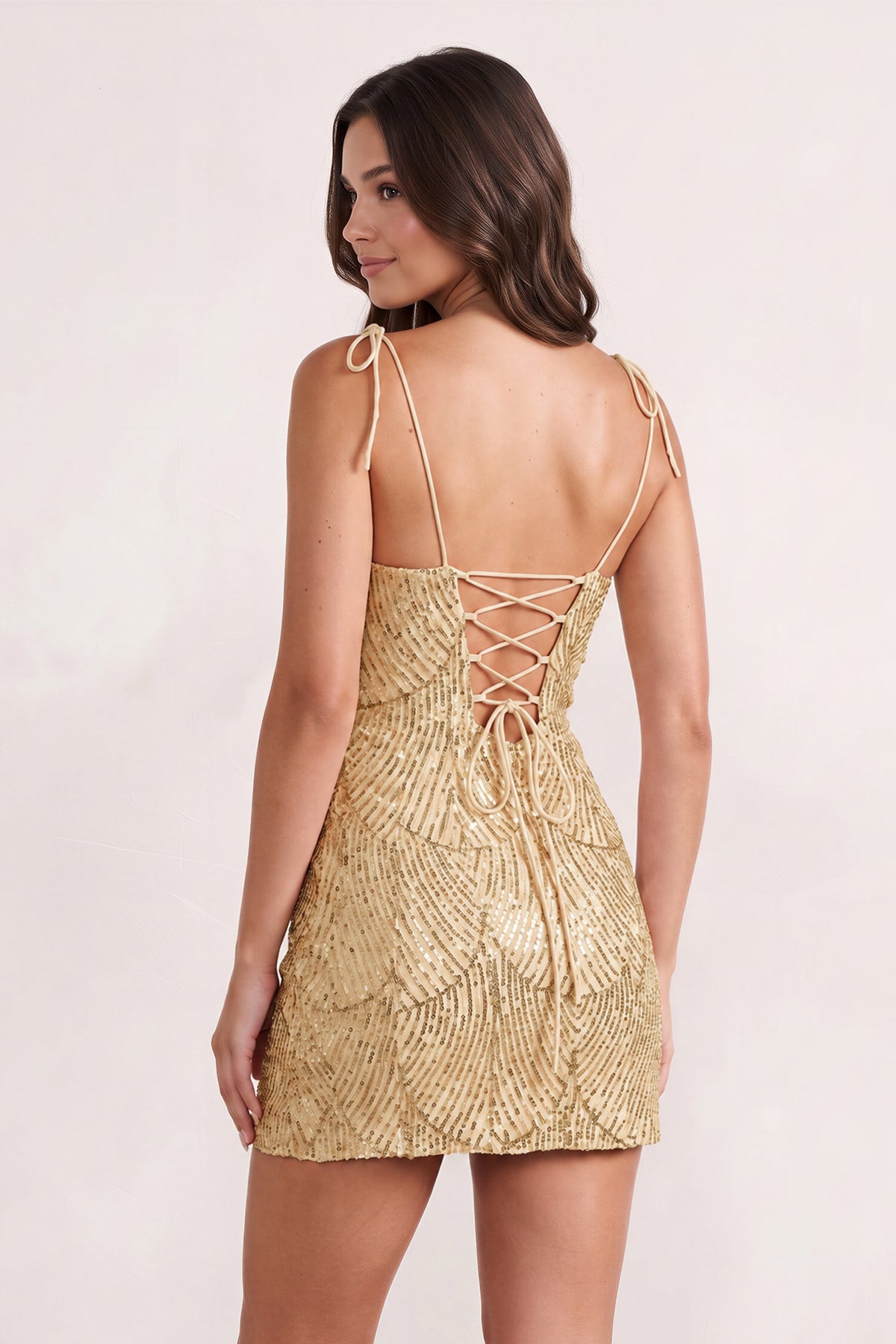 Pink Sparkly Sequin Sheath Bow Spaghetti Straps Homecoming Dress