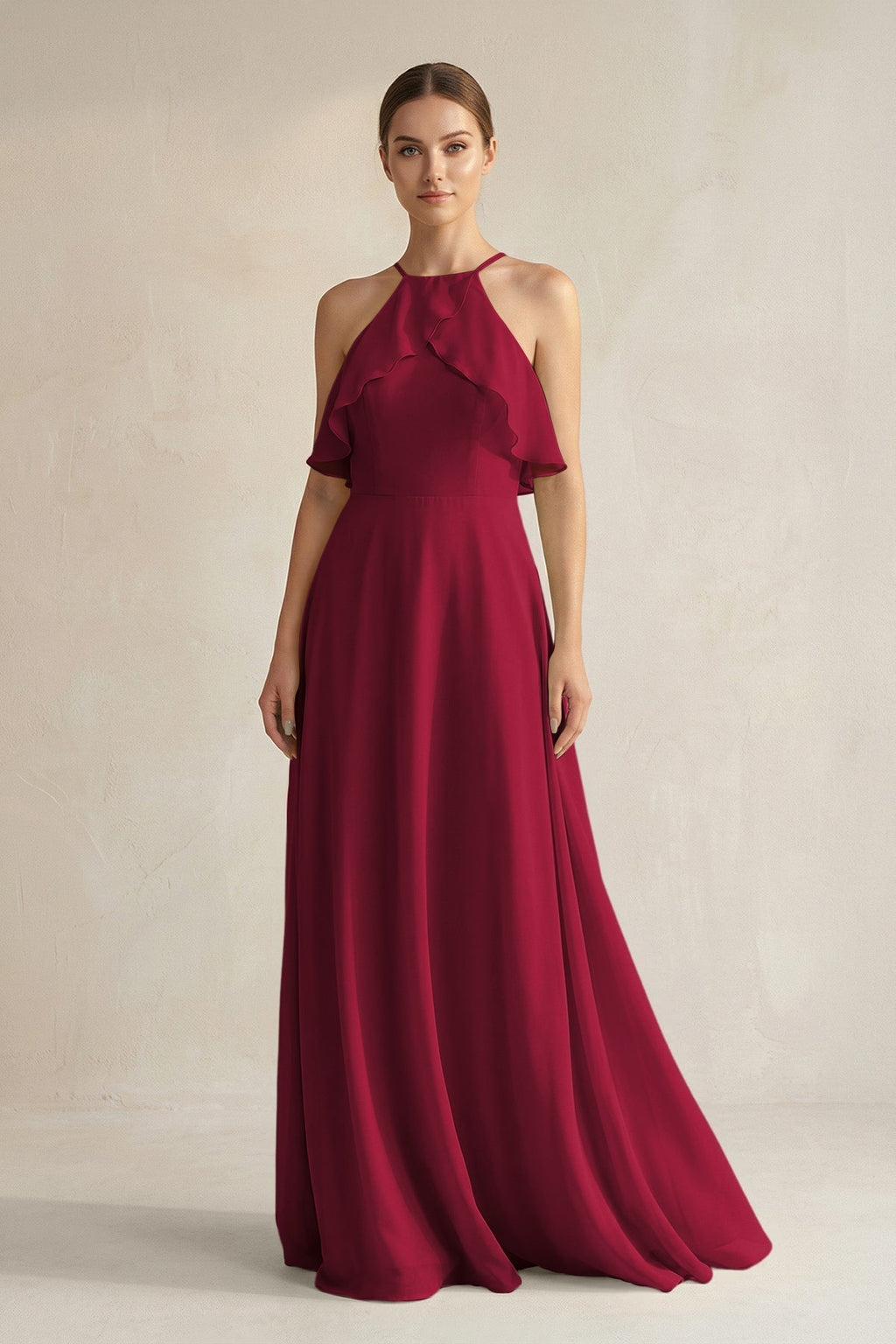 Halter Neck A-Line Chiffon Bridesmaid Dress with Keyhole in Berry