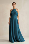 Halter Neck A-Line Chiffon Bridesmaid Dress with Keyhole in Dark Teal