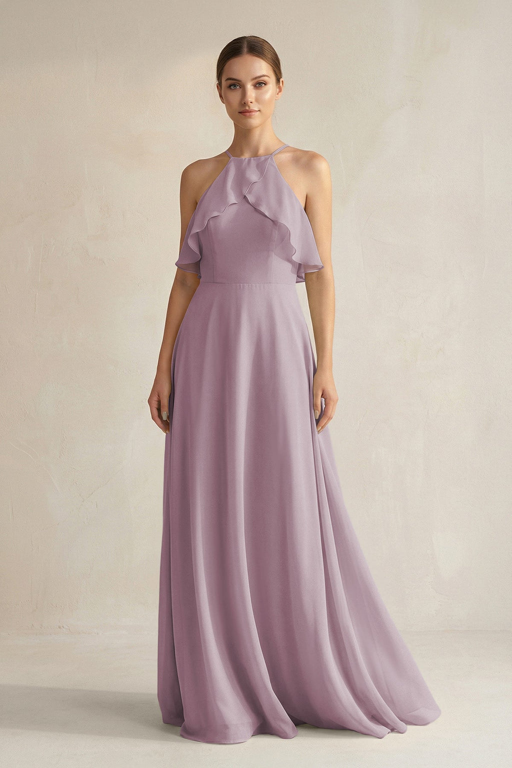 Halter Neck A-Line Chiffon Bridesmaid Dress with Keyhole in Dusk