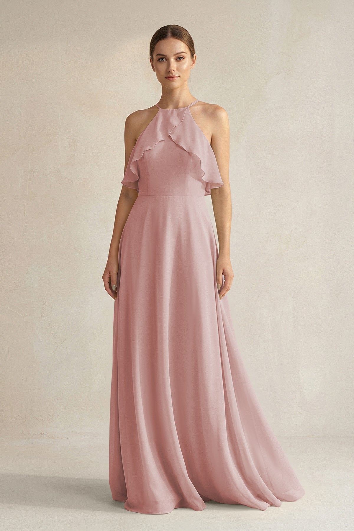 Halter Neck A-Line Chiffon Bridesmaid Dress with Keyhole in Dusty Rose