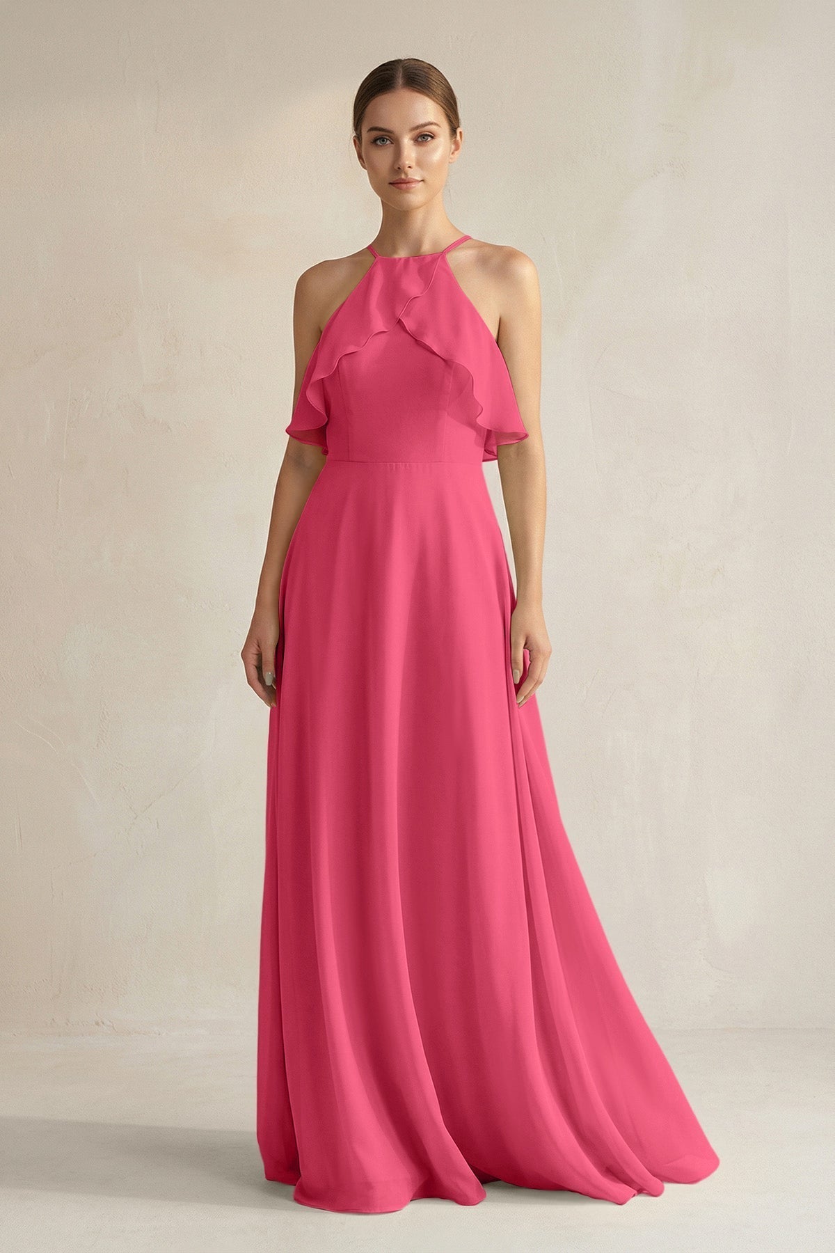 Halter Neck A-Line Chiffon Bridesmaid Dress with Keyhole in Fuchsia
