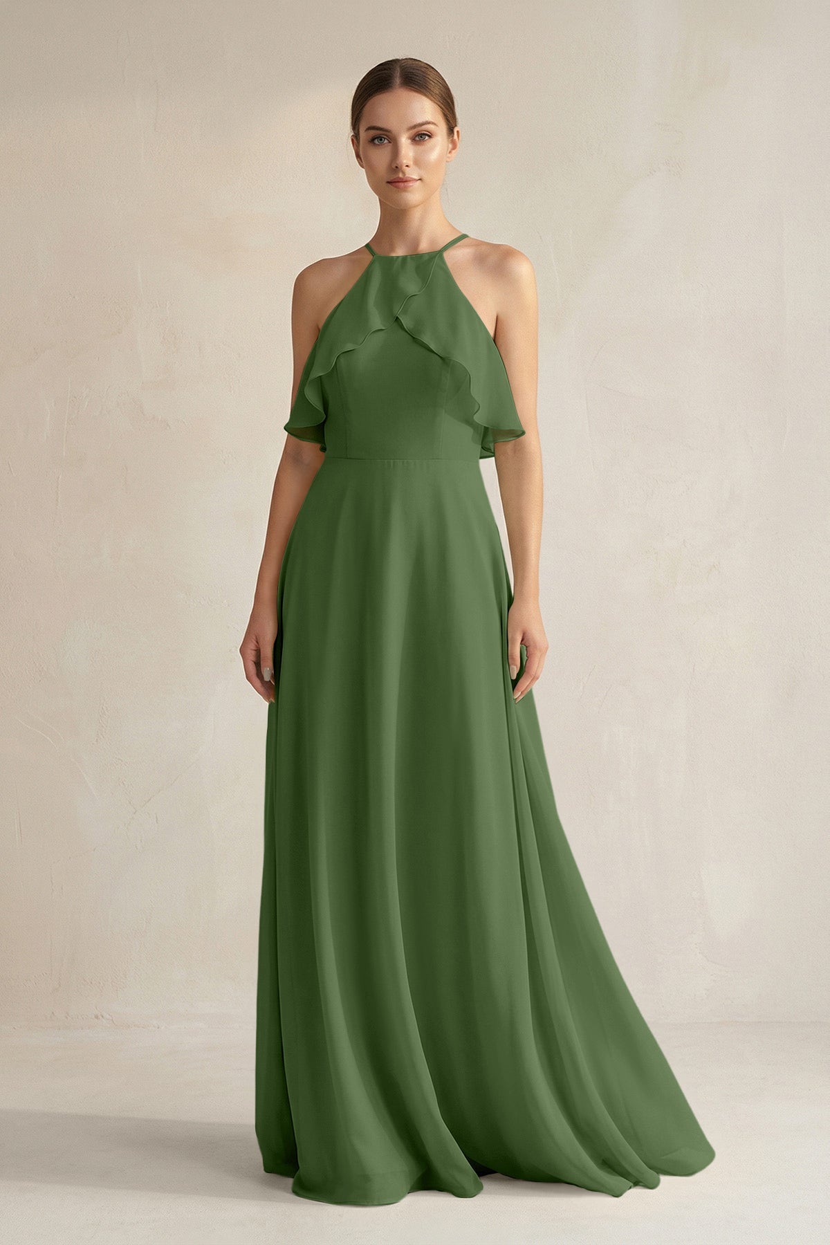 Halter Neck A-Line Chiffon Bridesmaid Dress with Keyhole in Moss