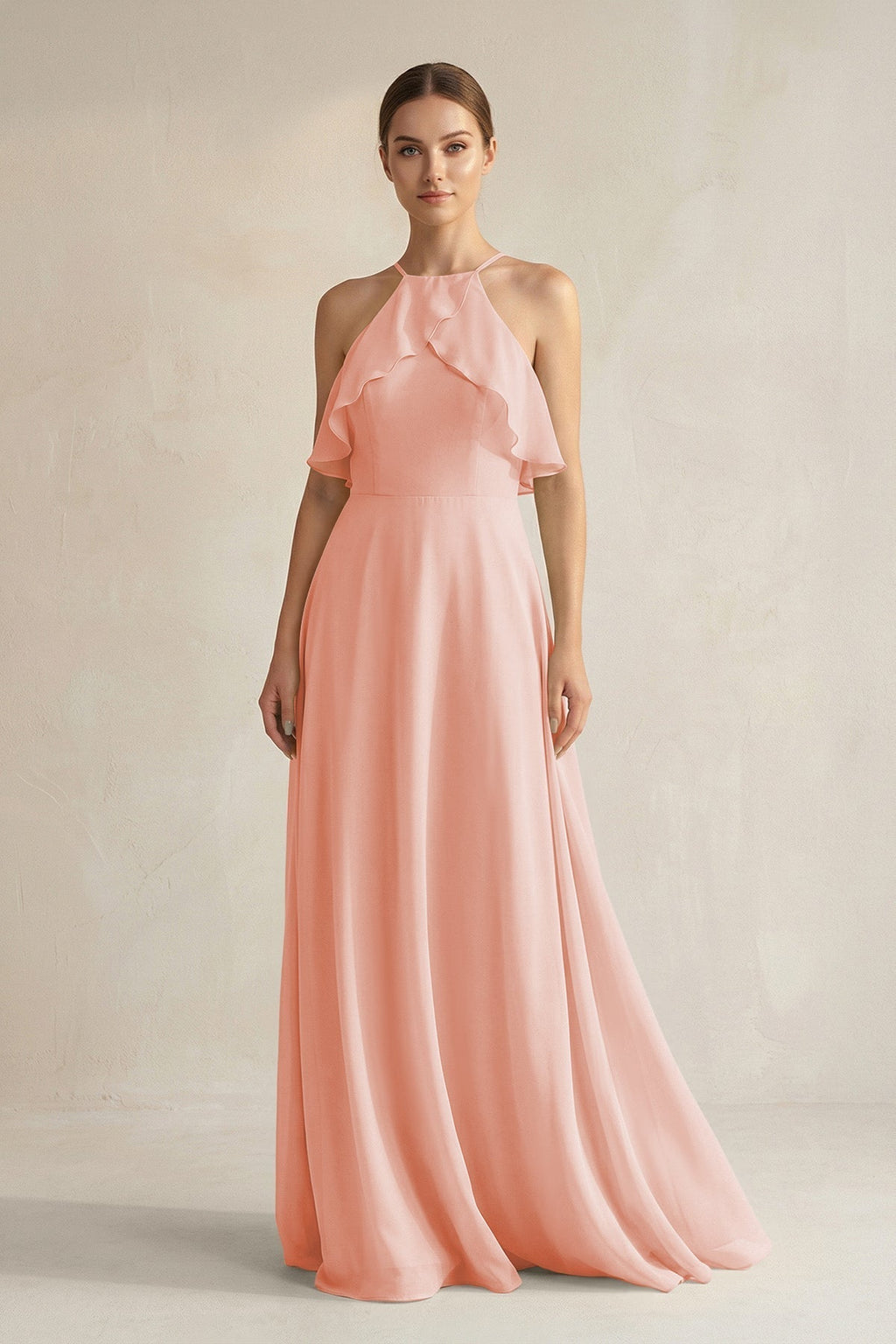 Halter Neck A-Line Chiffon Bridesmaid Dress with Keyhole in Rose Petal
