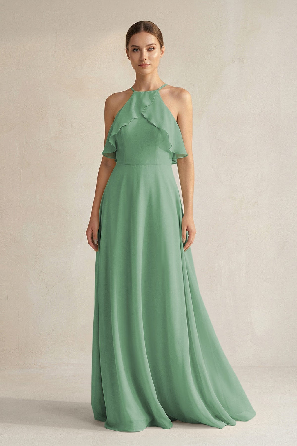 Halter Neck A-Line Chiffon Bridesmaid Dress with Keyhole in Sea Glass