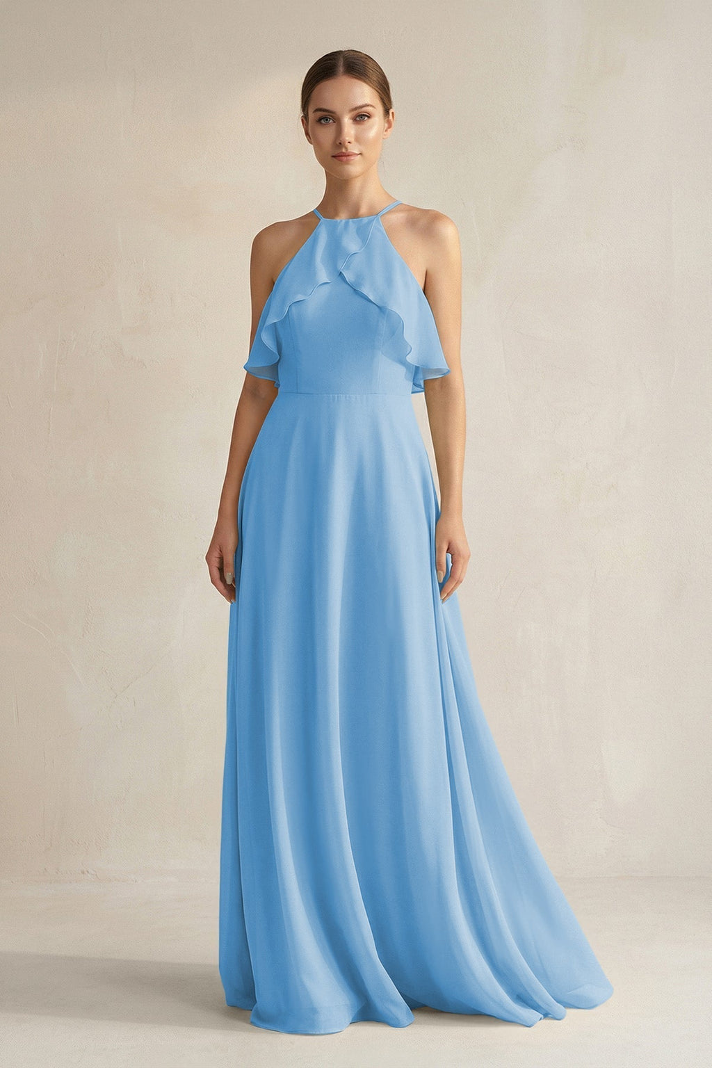 Halter Neck A-Line Chiffon Bridesmaid Dress with Keyhole in Steel Blue