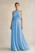 Halter Neck A-Line Chiffon Bridesmaid Dress with Keyhole in Steel Blue