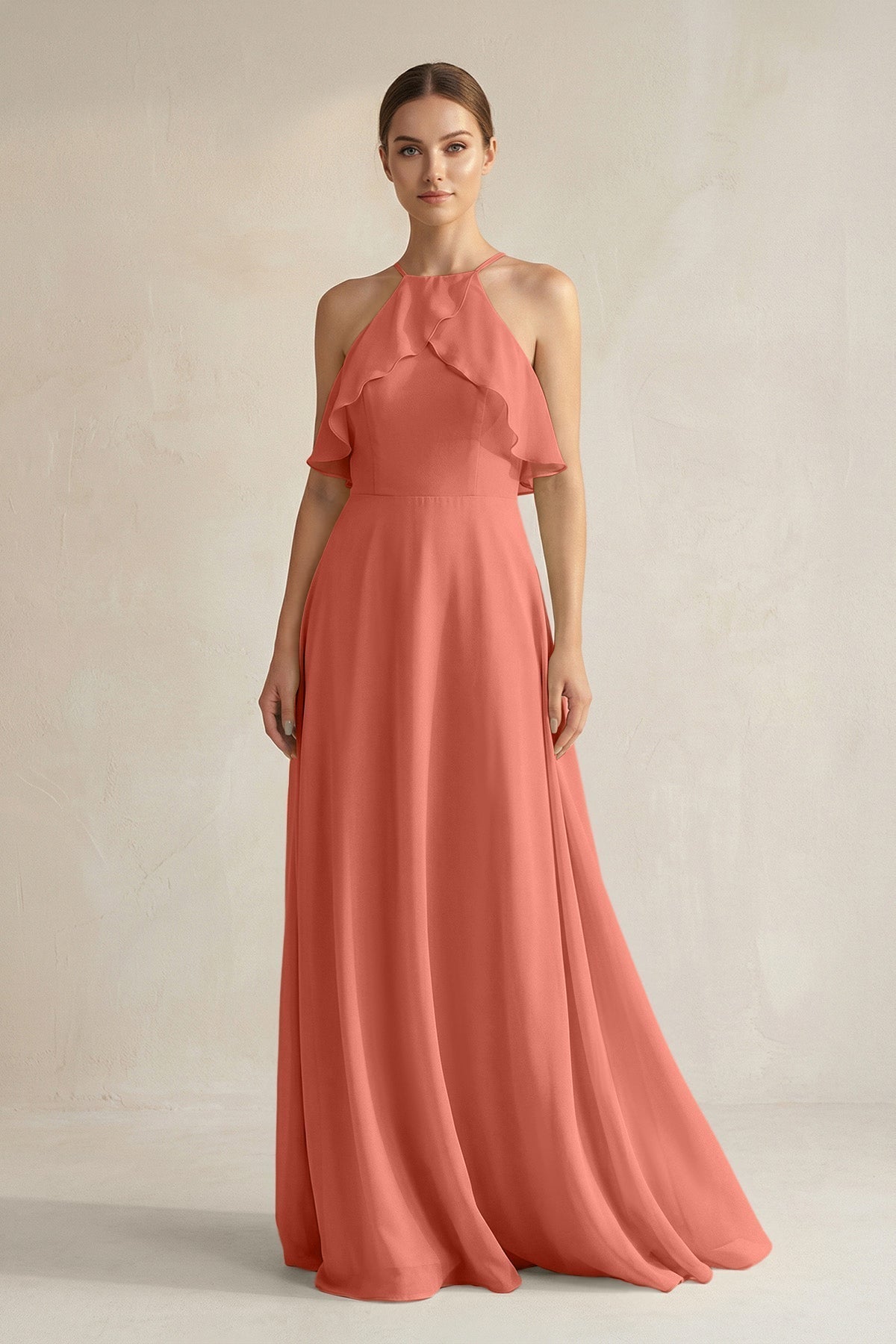 Halter Neck A-Line Chiffon Bridesmaid Dress with Keyhole in Wild Rose
