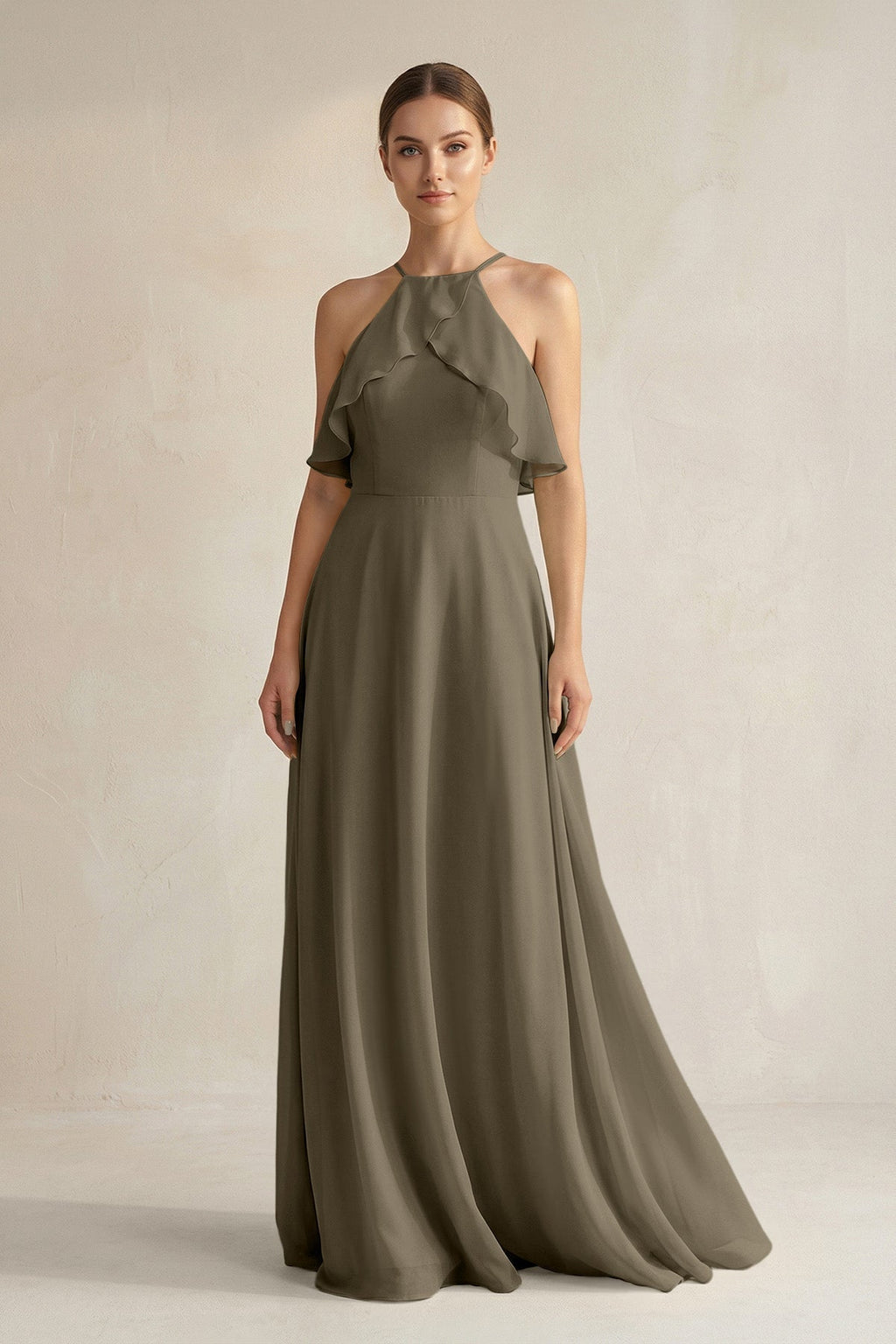 Halter Neck A-Line Chiffon Bridesmaid Dress with Keyhole in Willow Green