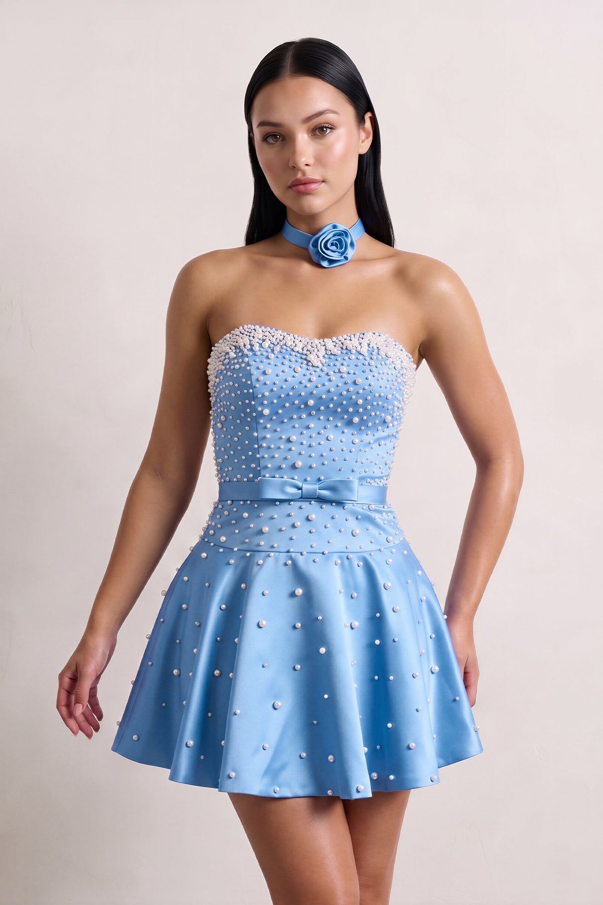 Hot Pink Strapless Pearl A-Line Satin Homecoming Dress With Bowknot