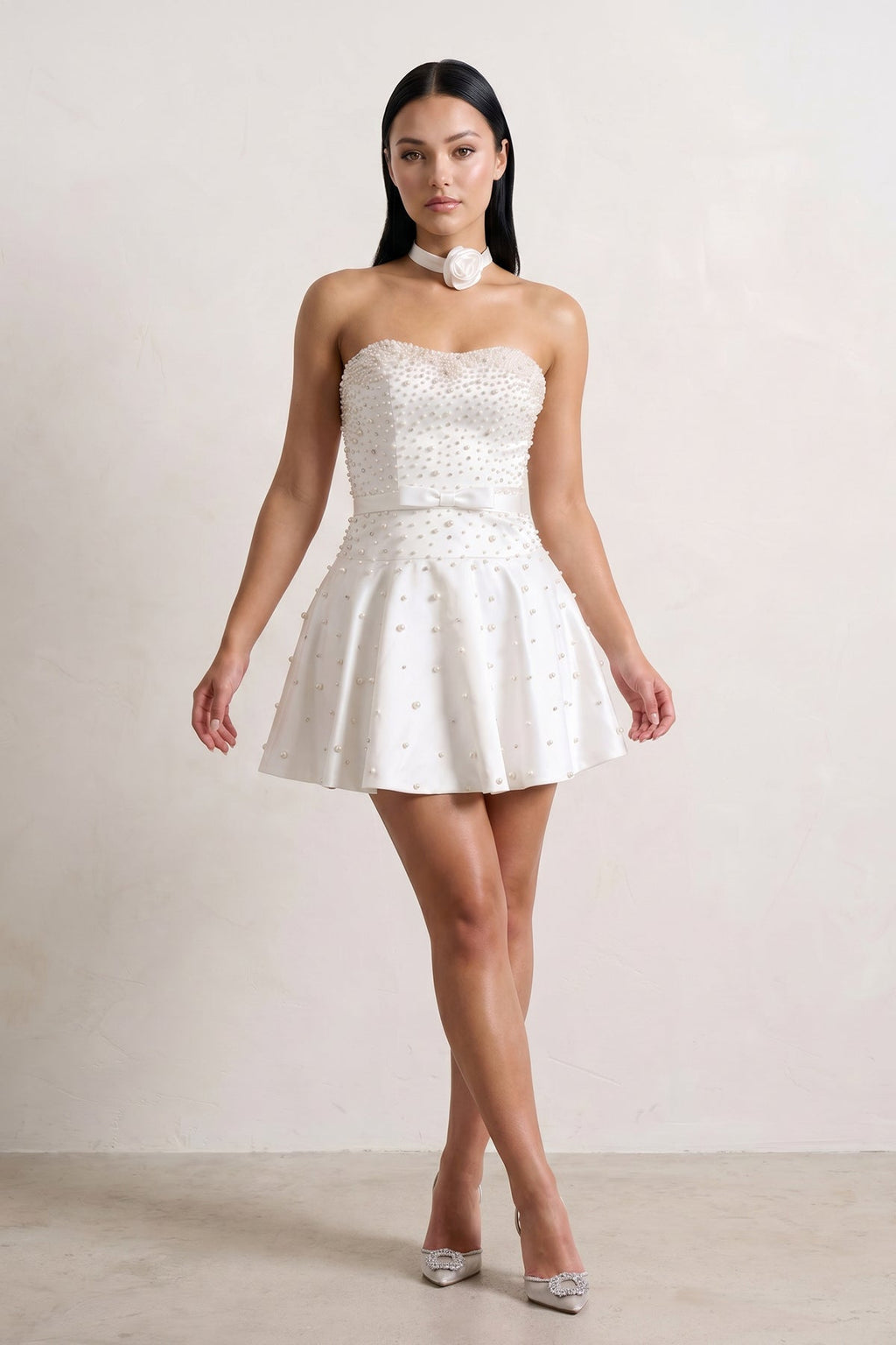 Hot Pink Strapless Pearl A-Line Satin Homecoming Dress With Bowknot