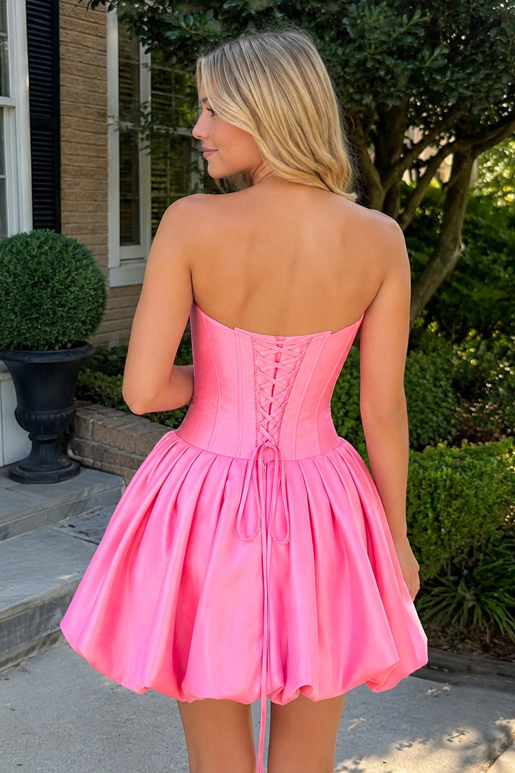 Hot Pink Strapless Satin A-Line Ruched Corset Homecoming Dress with Beading