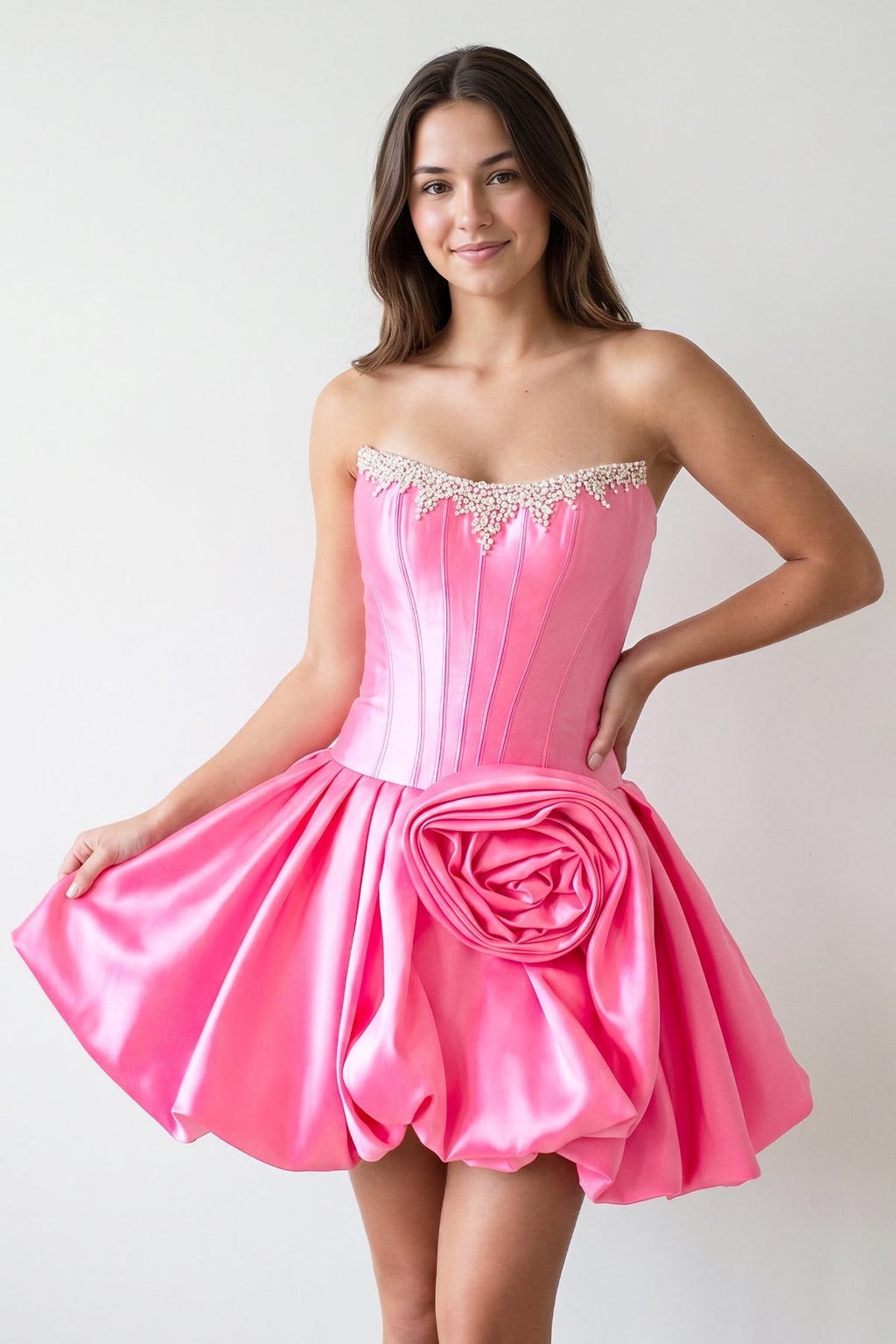 Hot Pink Strapless Satin A-Line Ruched Corset Homecoming Dress with Beading
