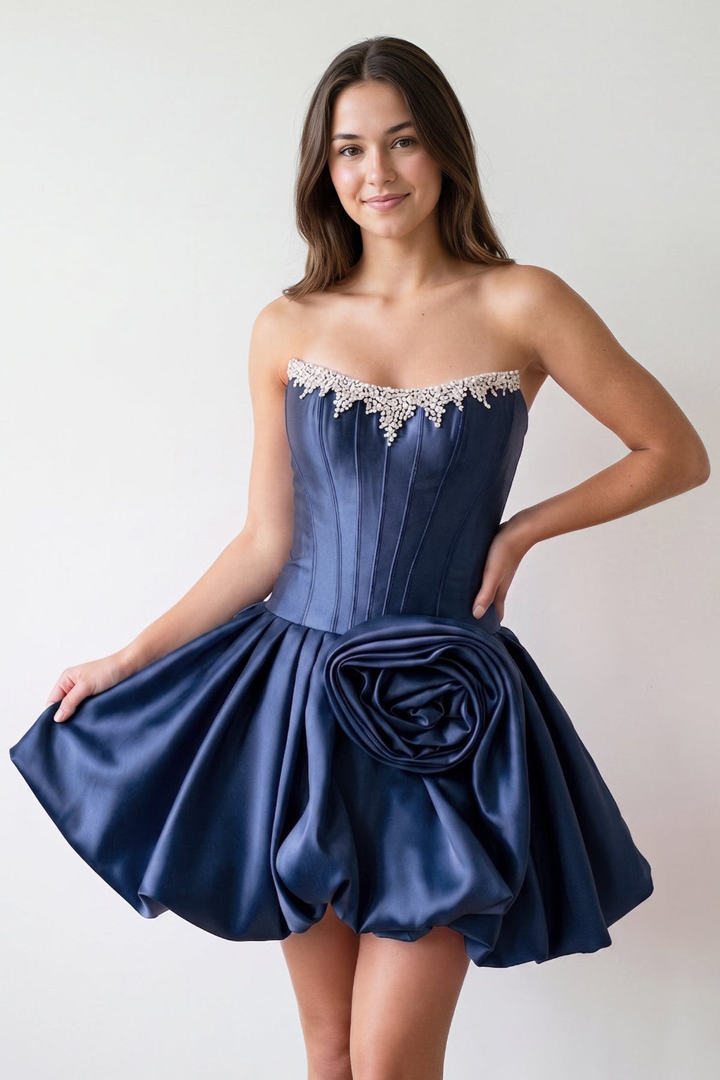 Hot Pink Strapless Satin A-Line Ruched Corset Homecoming Dress with Beading