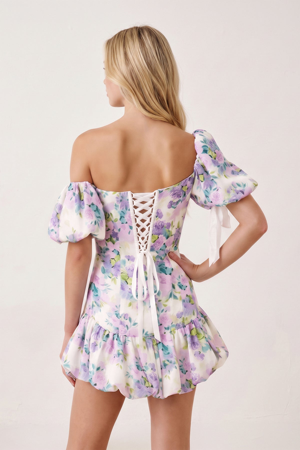 Lavender Off the Shoulder Plunge Floral Printed A-Line Ruffled Homecoming Dress