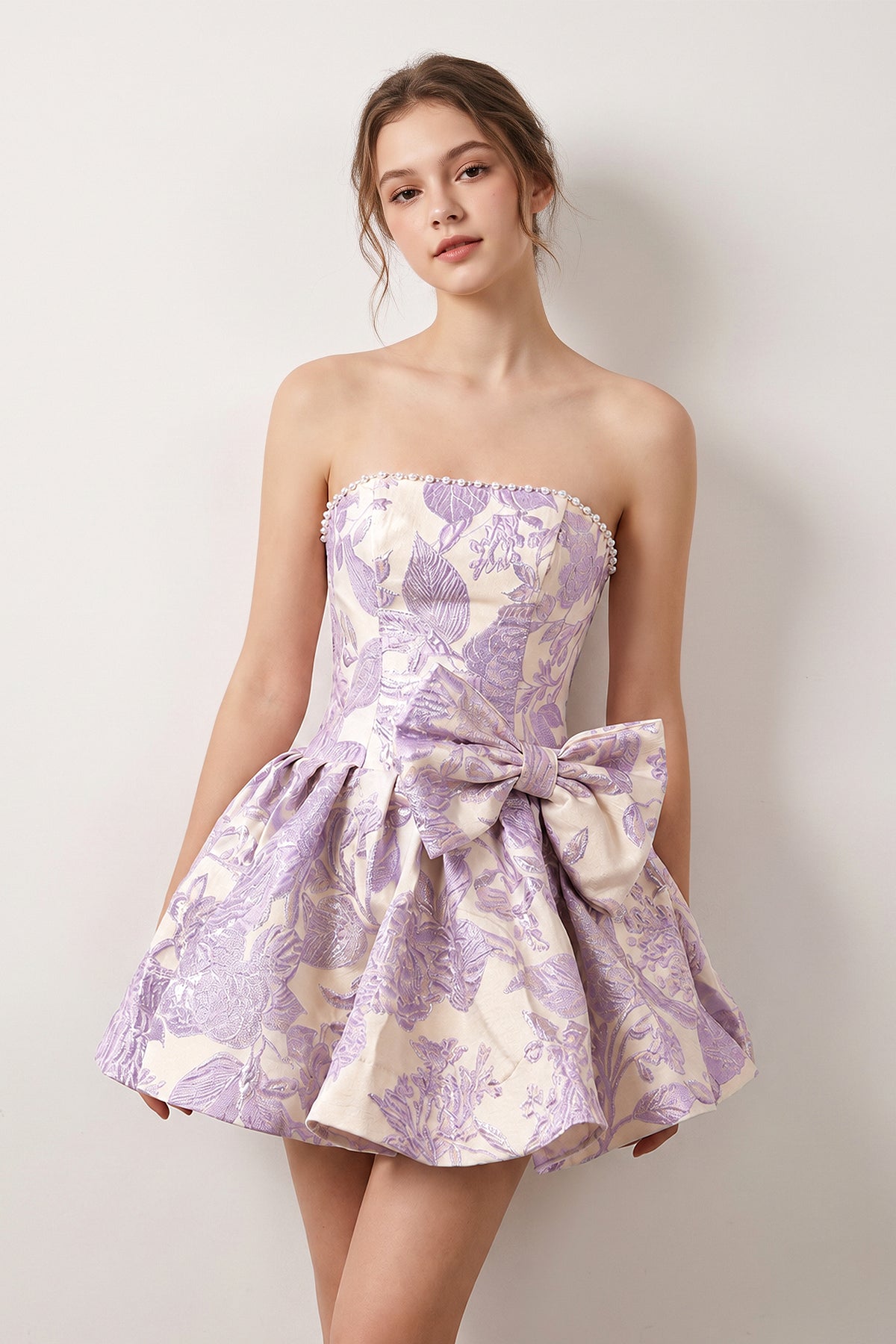 Blue Flower Jacquard Strapless A-Line Bowknot Homecoming Dress With Pearl