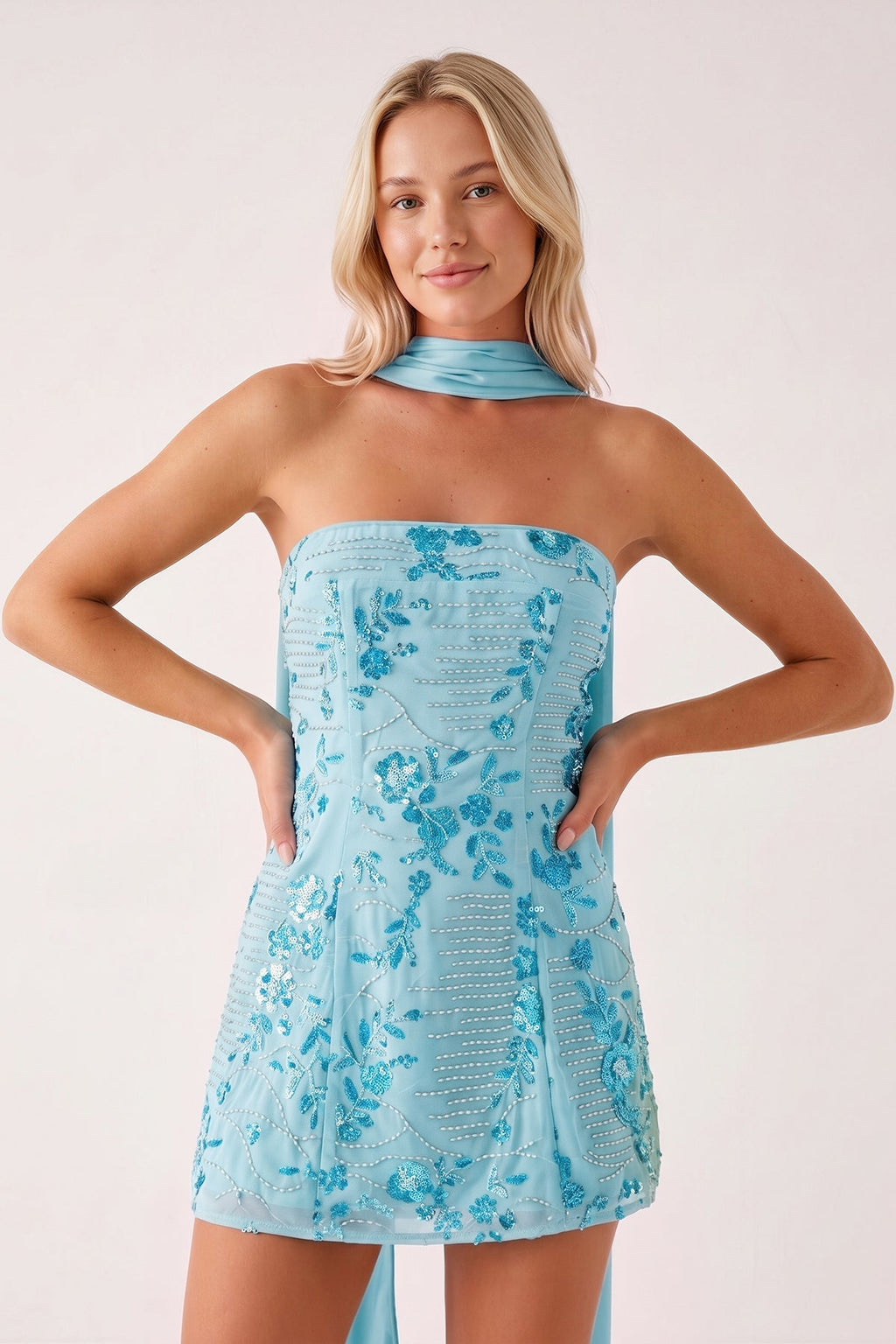 Sage Green Strapless Sheath Embroidered Tulle Homecoming Dress with Scarf