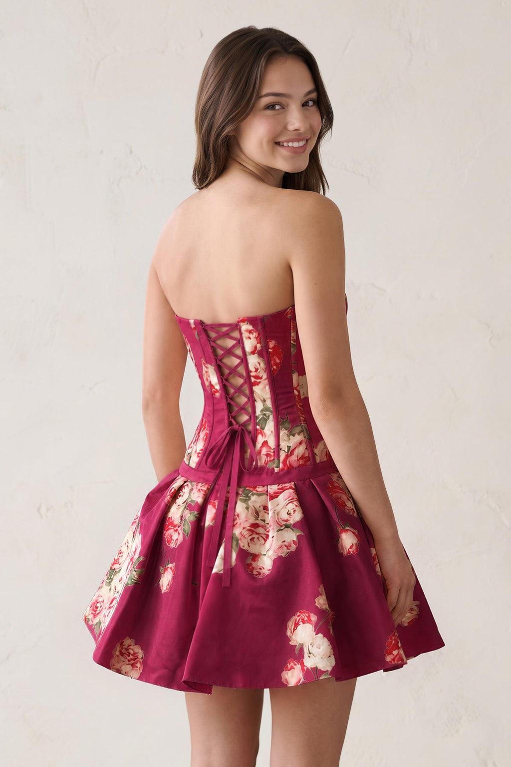Lemon Sweetheart A-Line Floral Printed Satin Corset Homecoming Dress