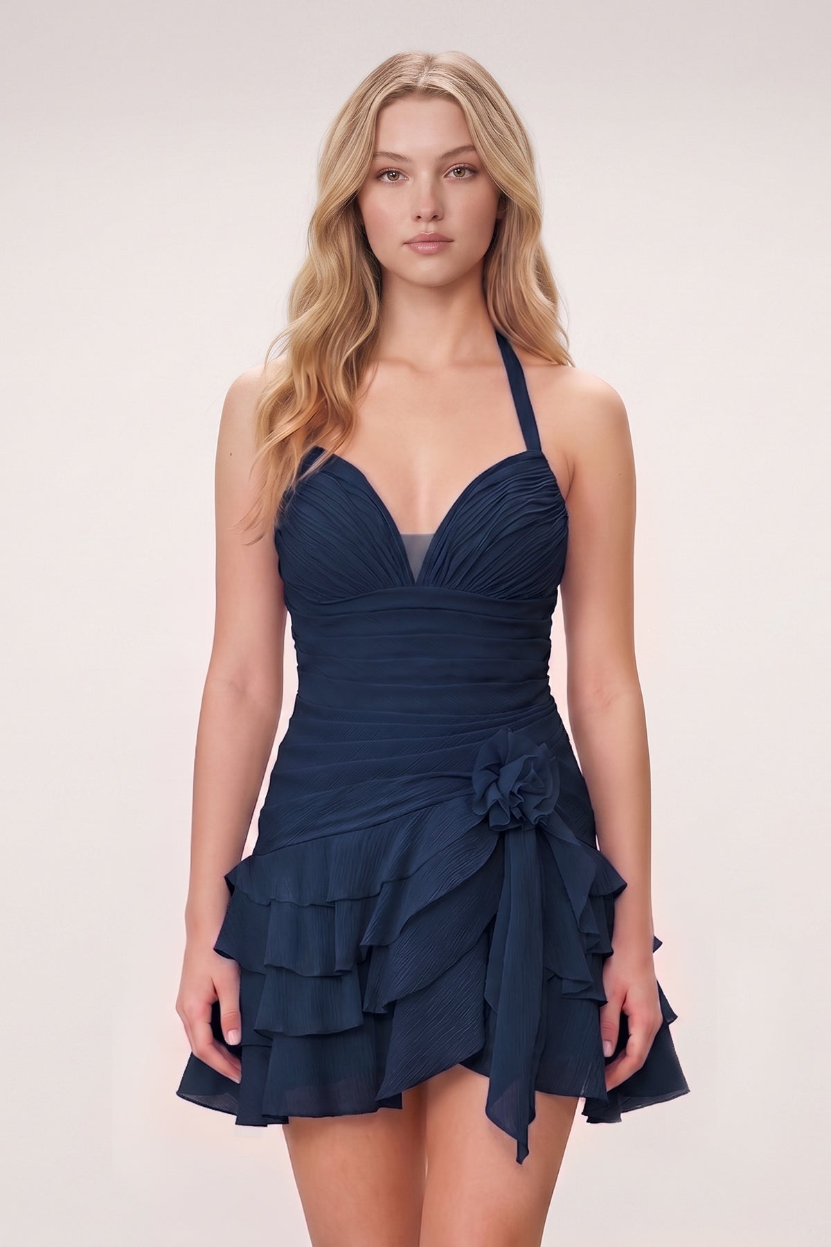 Brown Organza Halter A-Line Pleated Ruffled Homecoming Dress
