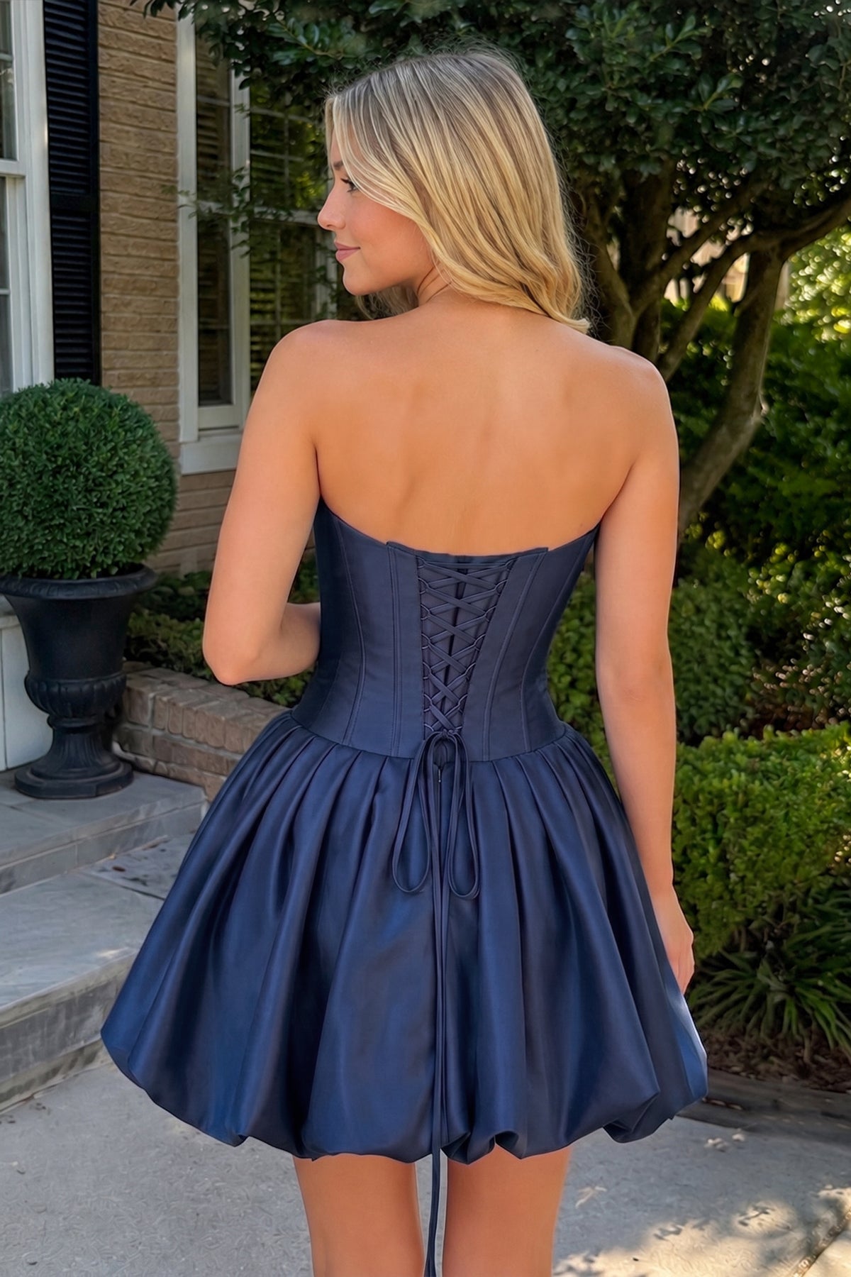 Hot Pink Strapless Satin A-Line Ruched Corset Homecoming Dress with Beading