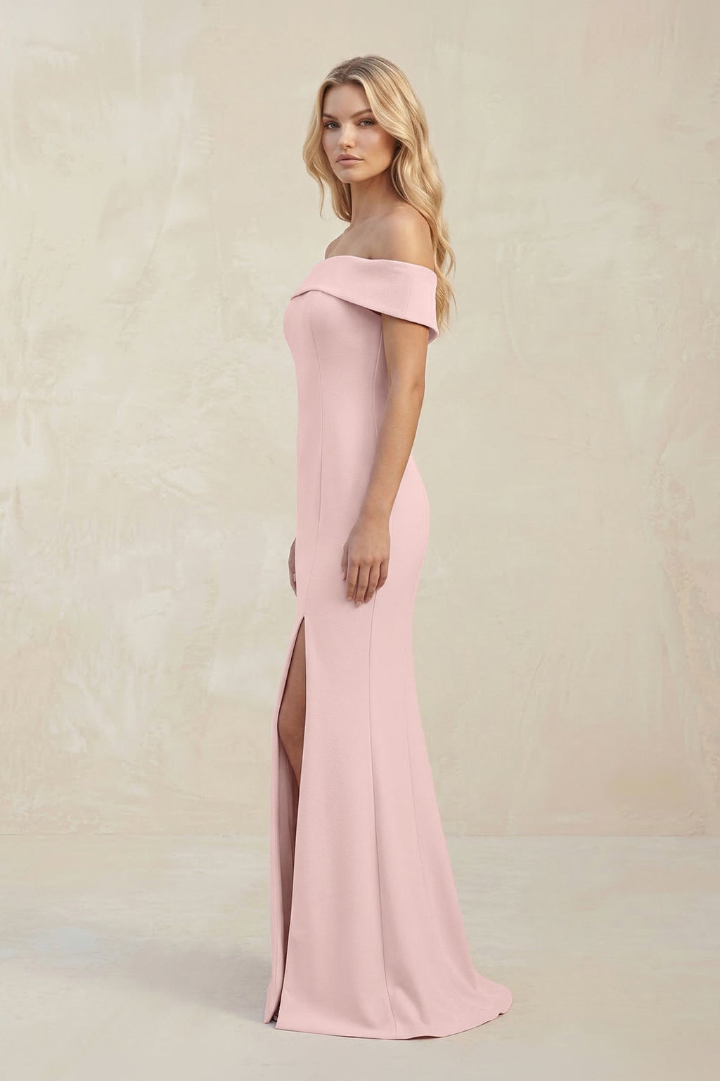 Sheath Off-the-Shoulder Satin Bridesmaid Dress With Slit in Rose Petal