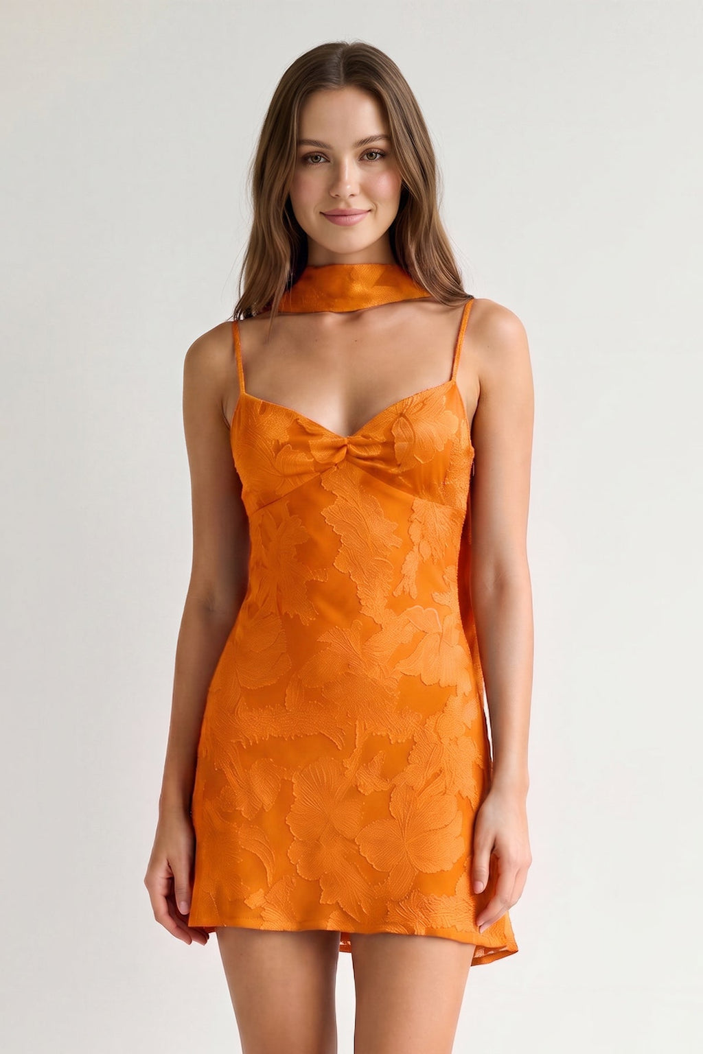 Red Jacquard Chiffon Cami Straps Sheath Homecoming Dress with Scarf