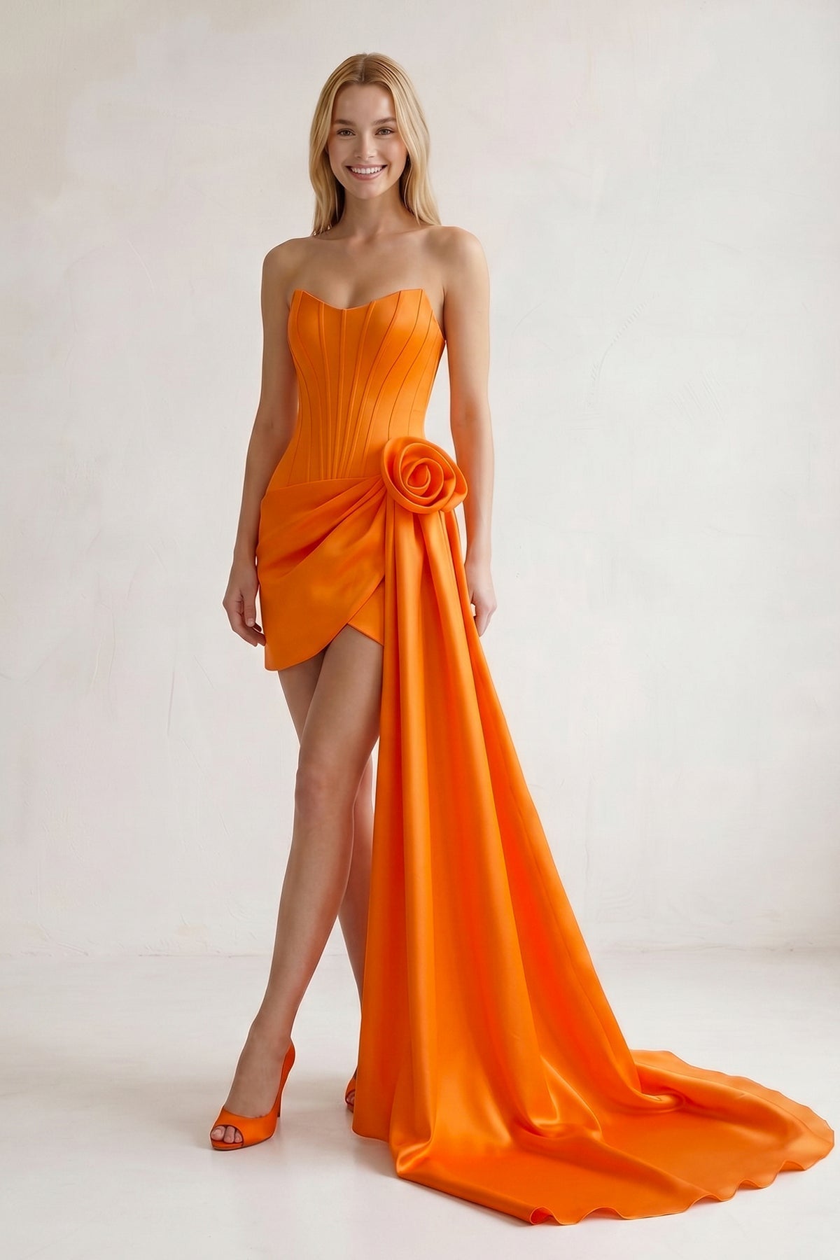 Orange Sweetheart Satin Corset 3D Flower Homecoming Dress With Ribbon