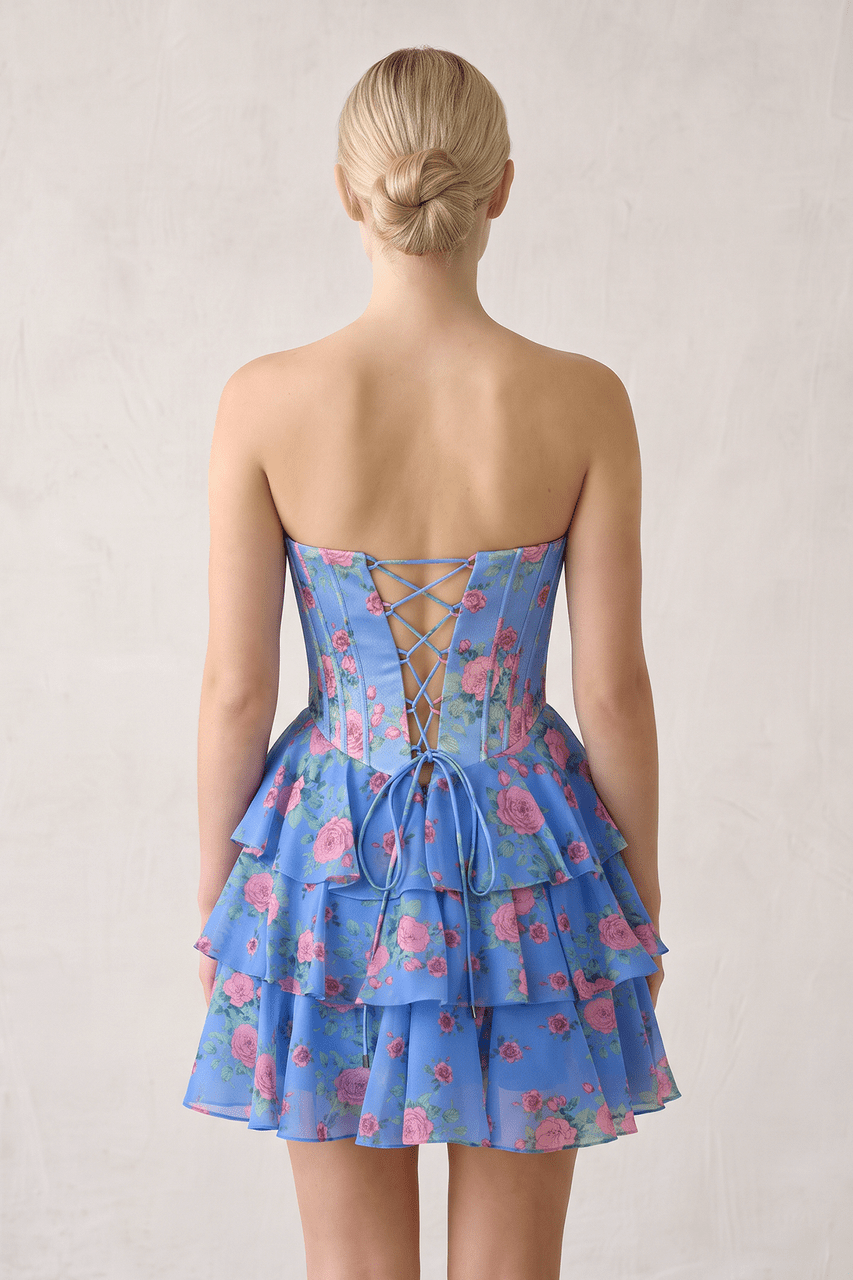 Pink Strapless A-Line Floral Corset Homecoming Dress