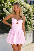 Pink Bowknot Sweetheart Bubble Hem A-Line Satin Homecoming Dress