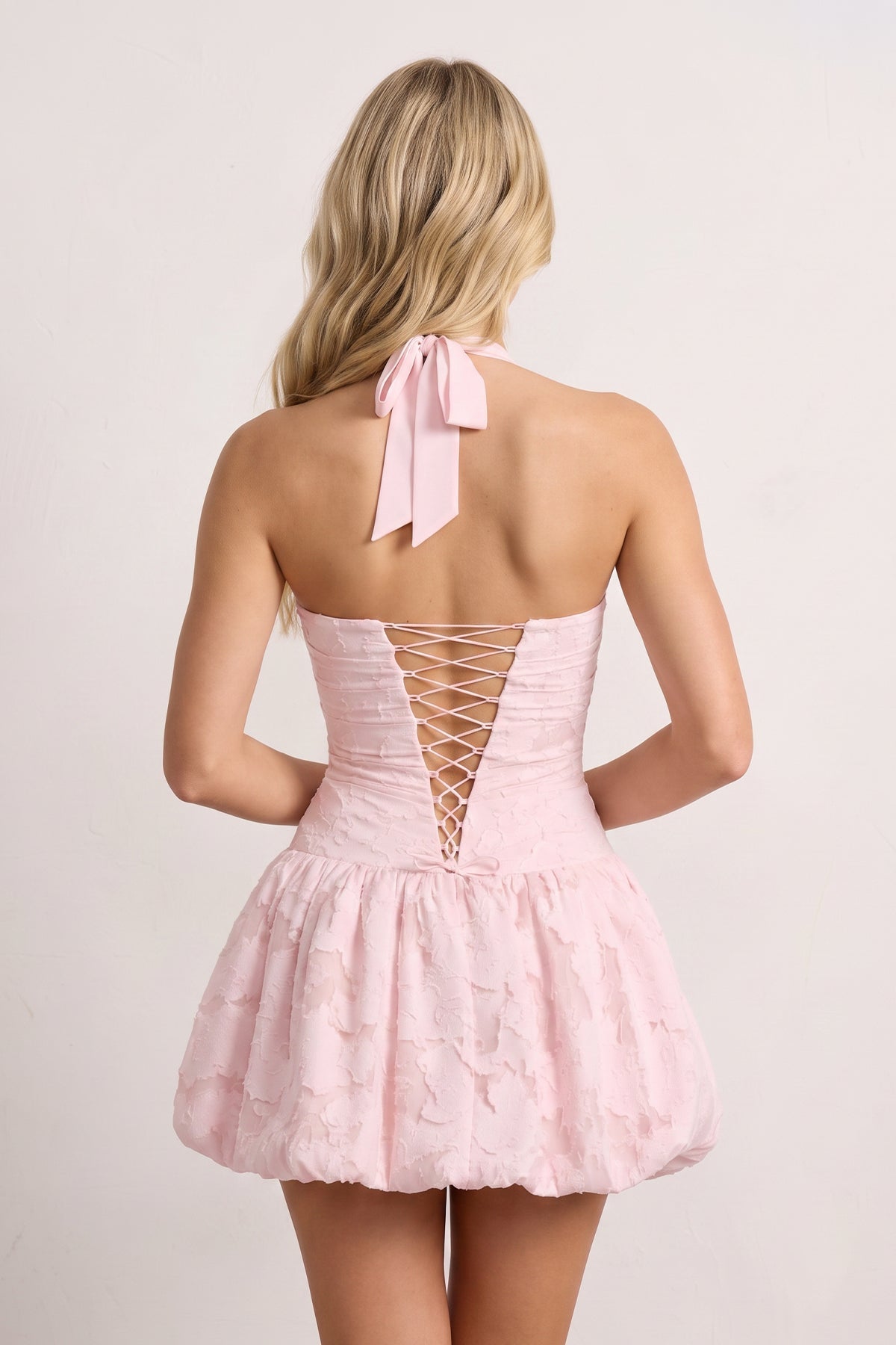 Pink Halter Jacquard Chiffon A-Line Homecoming Dress