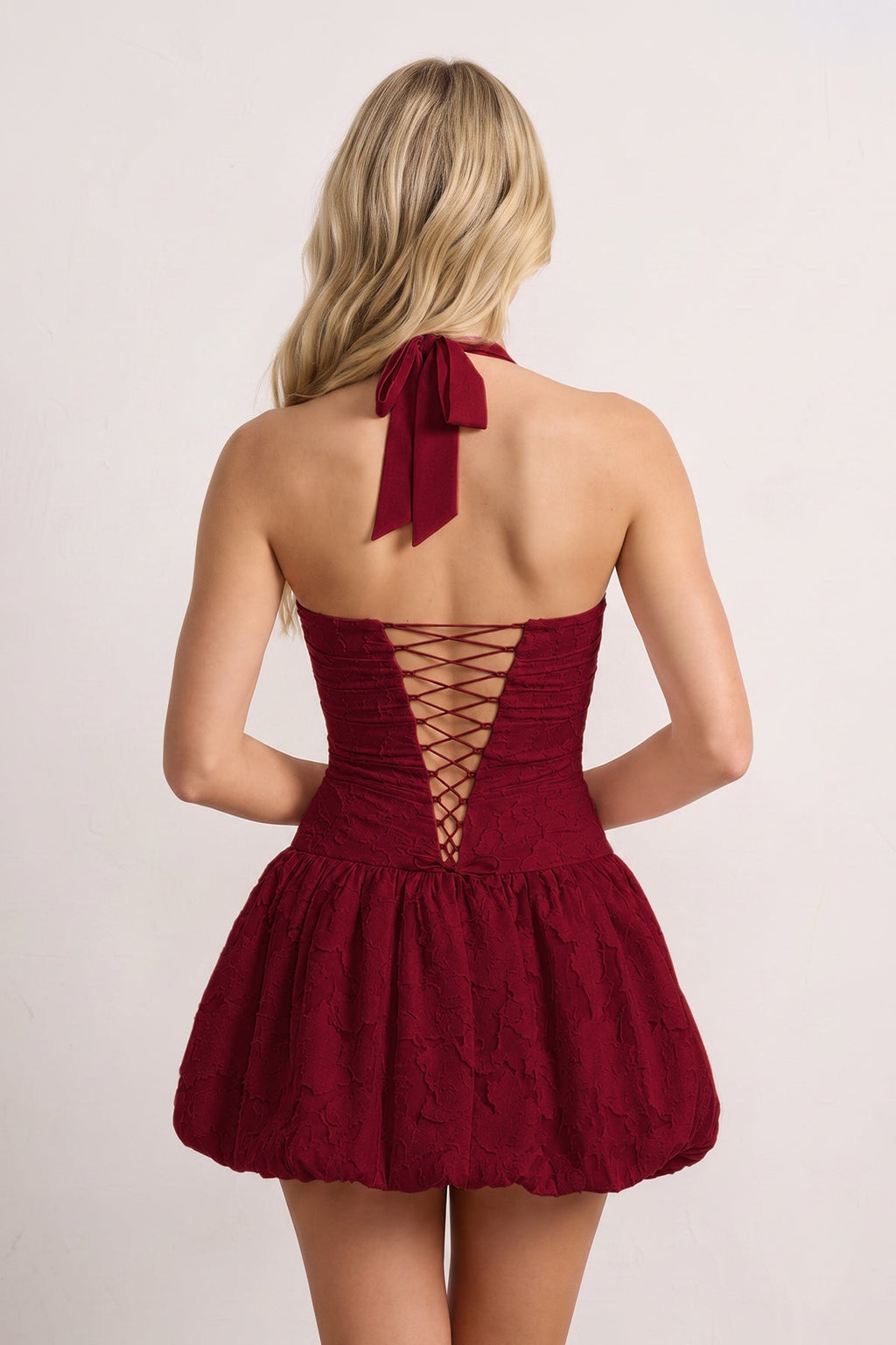 Pink Halter Jacquard Chiffon A-Line Homecoming Dress