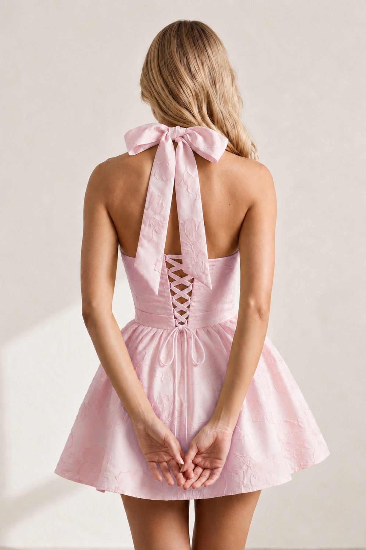 Yellow Halter Jacquard Ruched A-Line Homecoming Dress