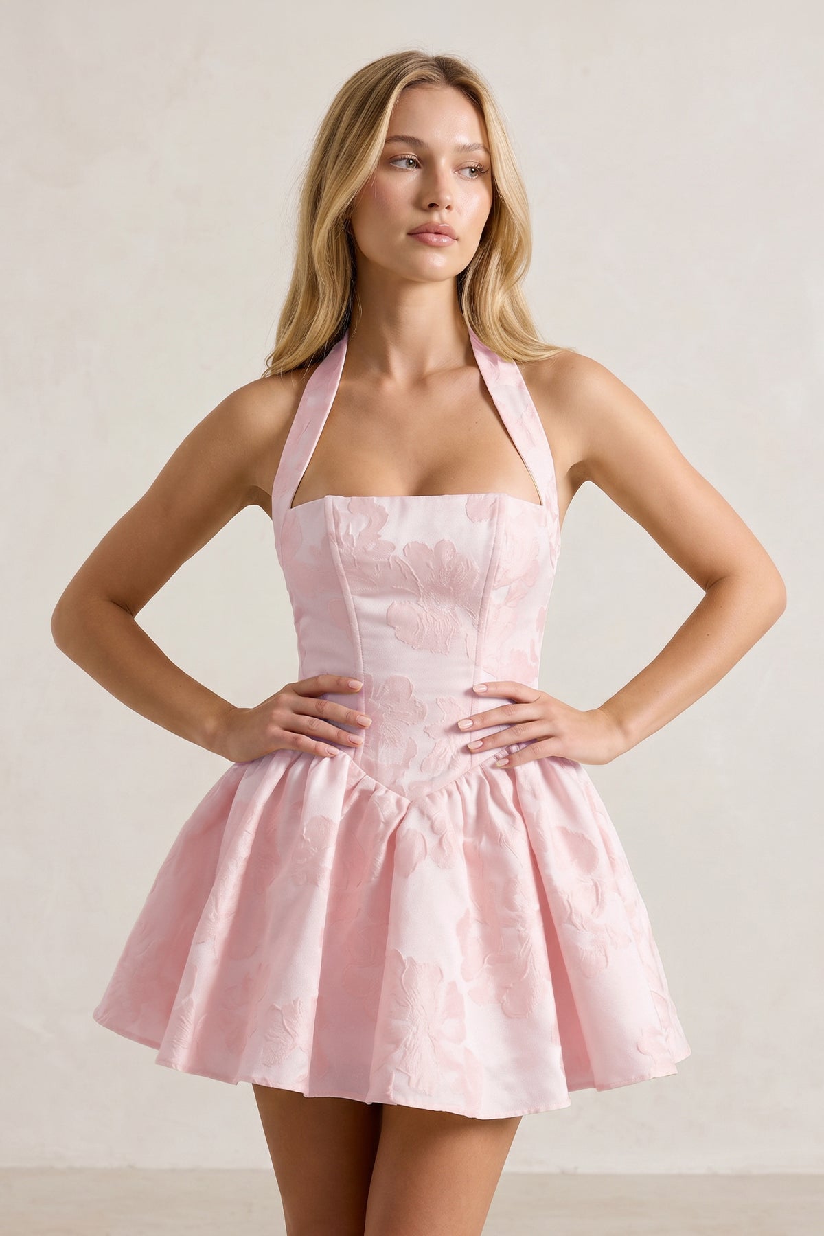 Yellow Halter Jacquard Ruched A-Line Homecoming Dress
