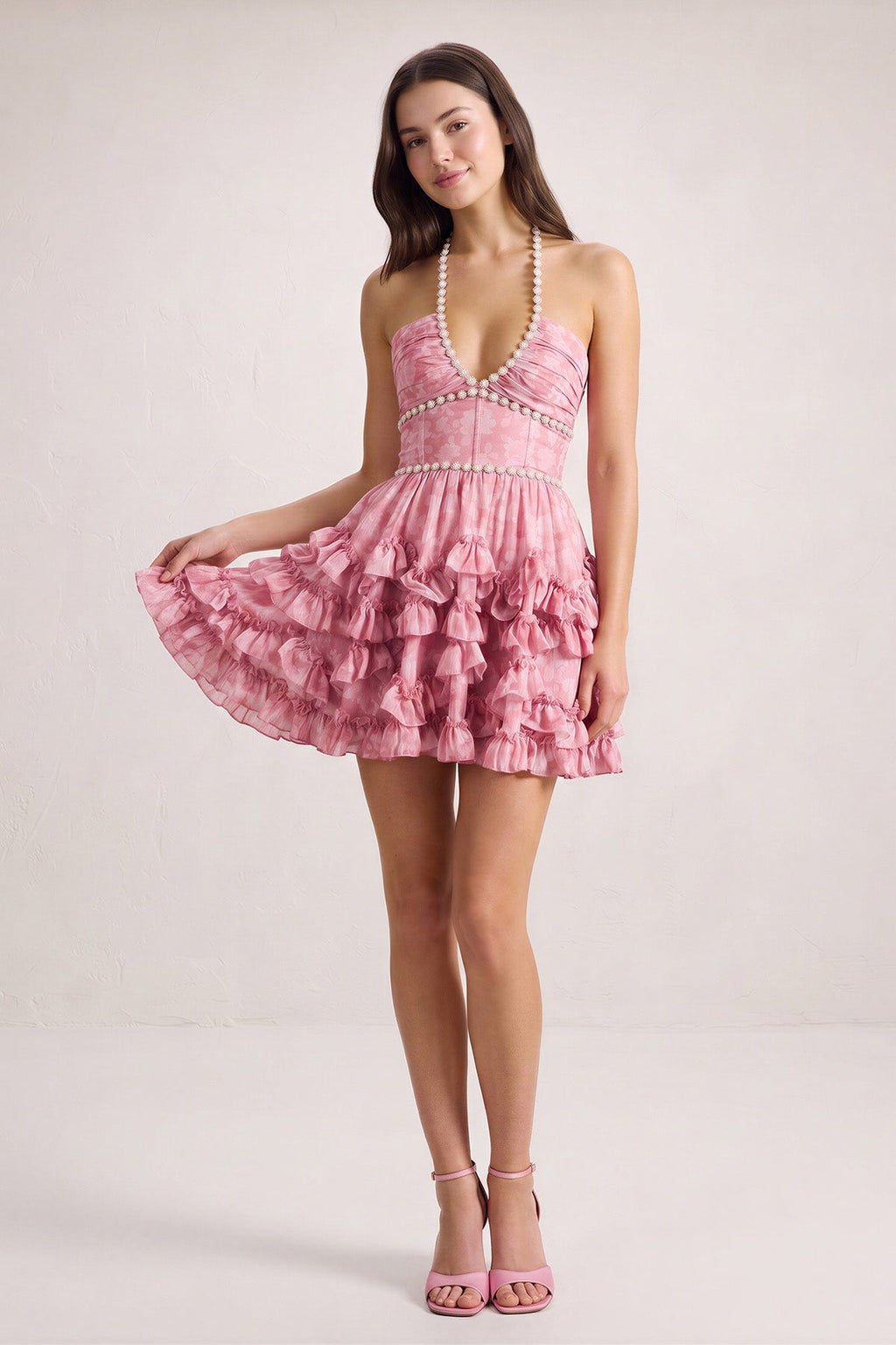 Pink Halter Pearl Floral Printed Chiffon A-Line Ruffled Homecoming Dress