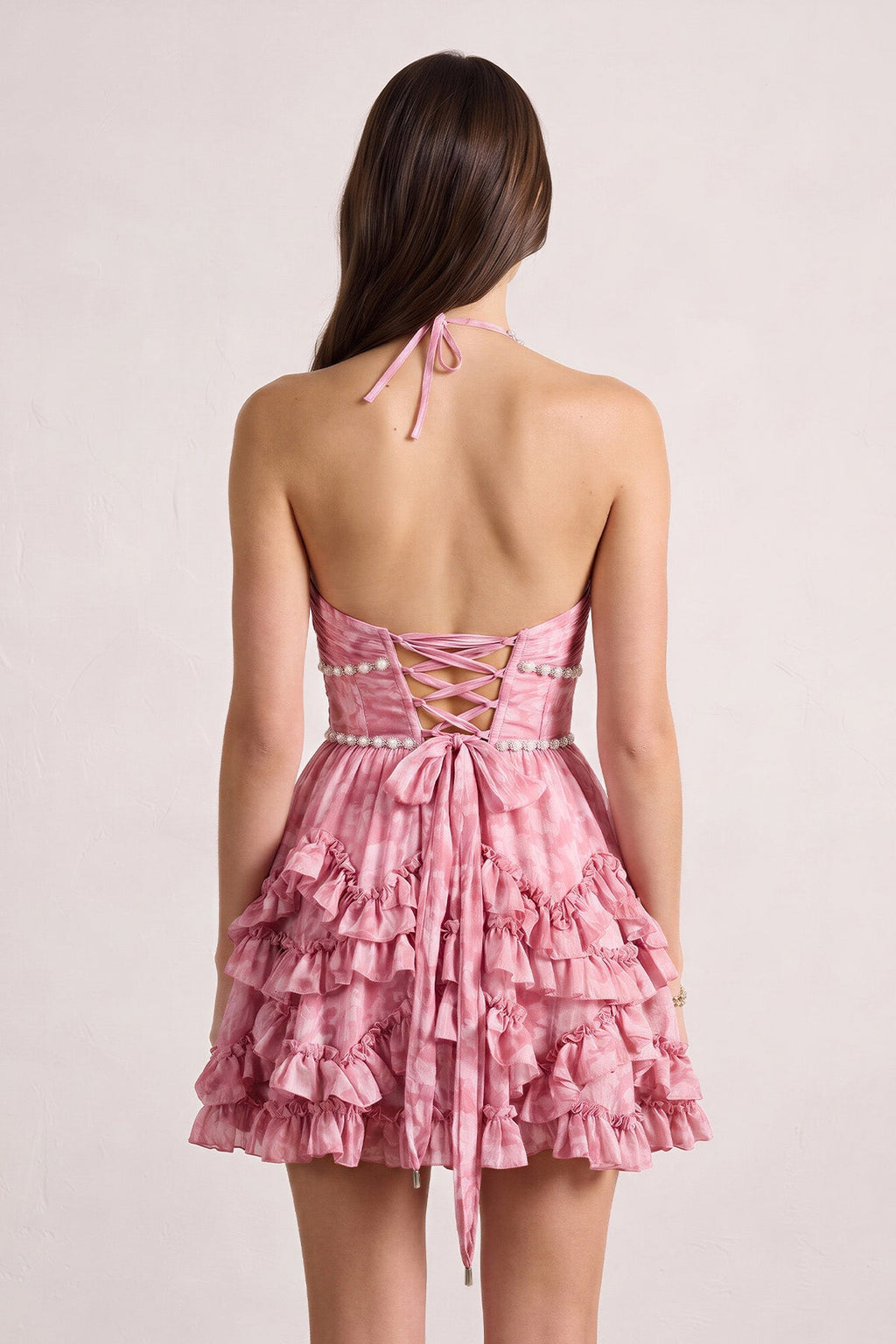 Pink Halter Pearl Floral Printed Chiffon A-Line Ruffled Homecoming Dress