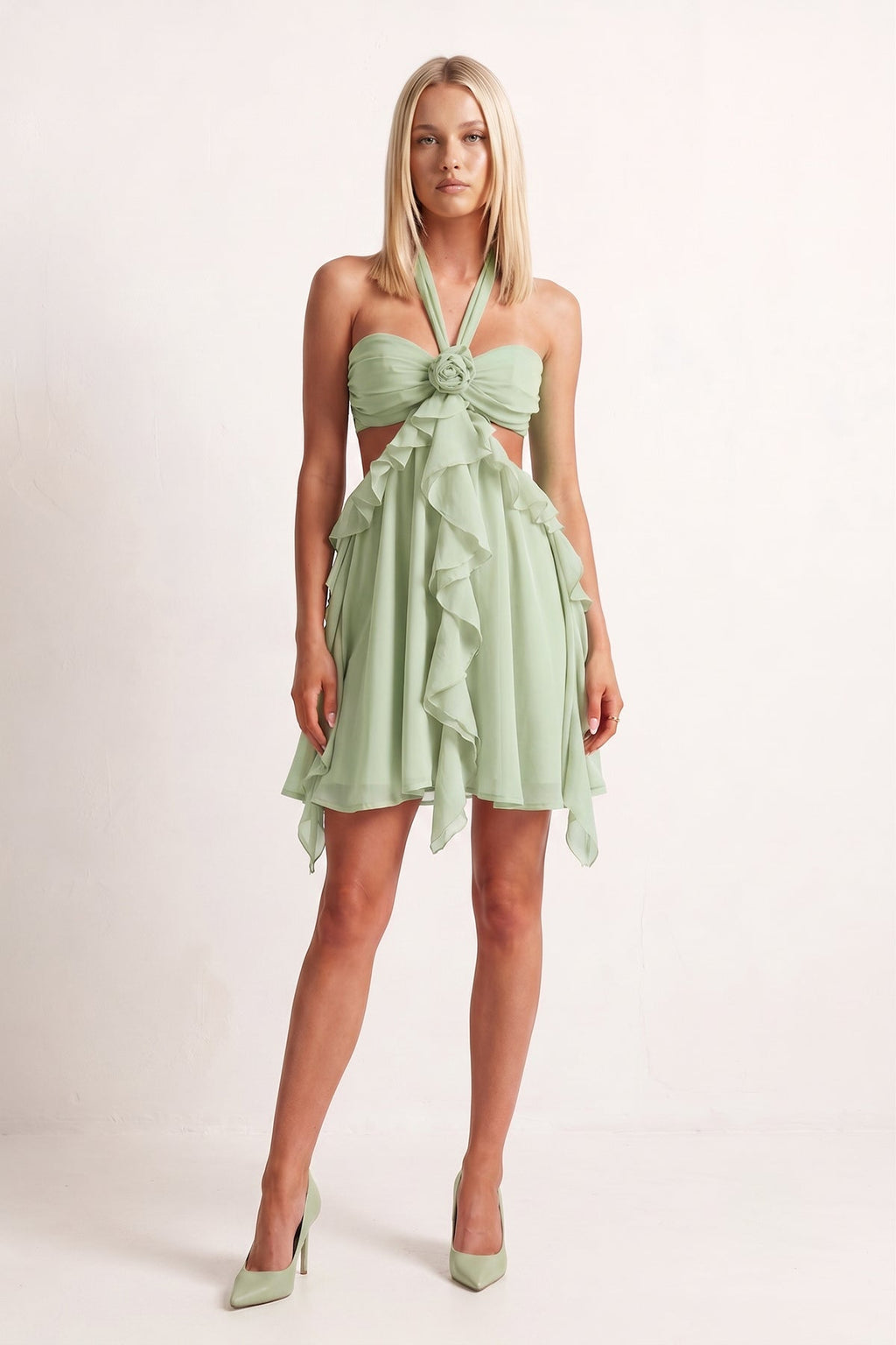 Pink Halter Ruffled A-Line Cut-Out Chiffon Homecoming Dress with 3D Flower