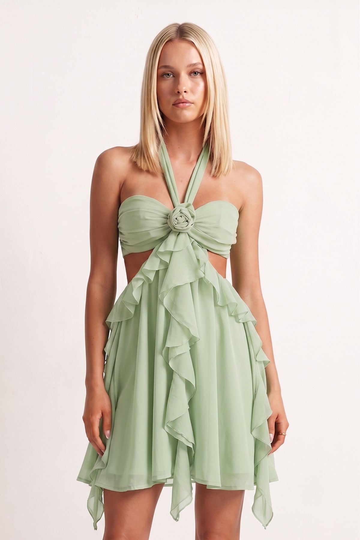 Pink Halter Ruffled A-Line Cut-Out Chiffon Homecoming Dress with 3D Flower