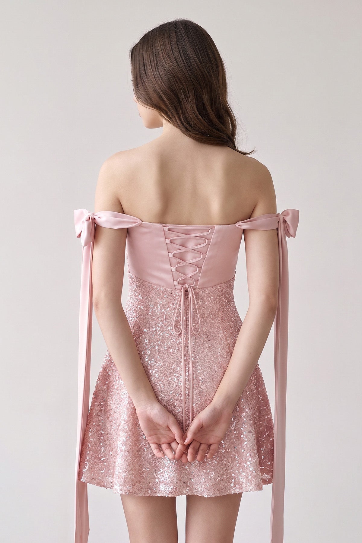 Pink Off-the-Shoulder A-Line Satin Homecoming Dress with Sequins