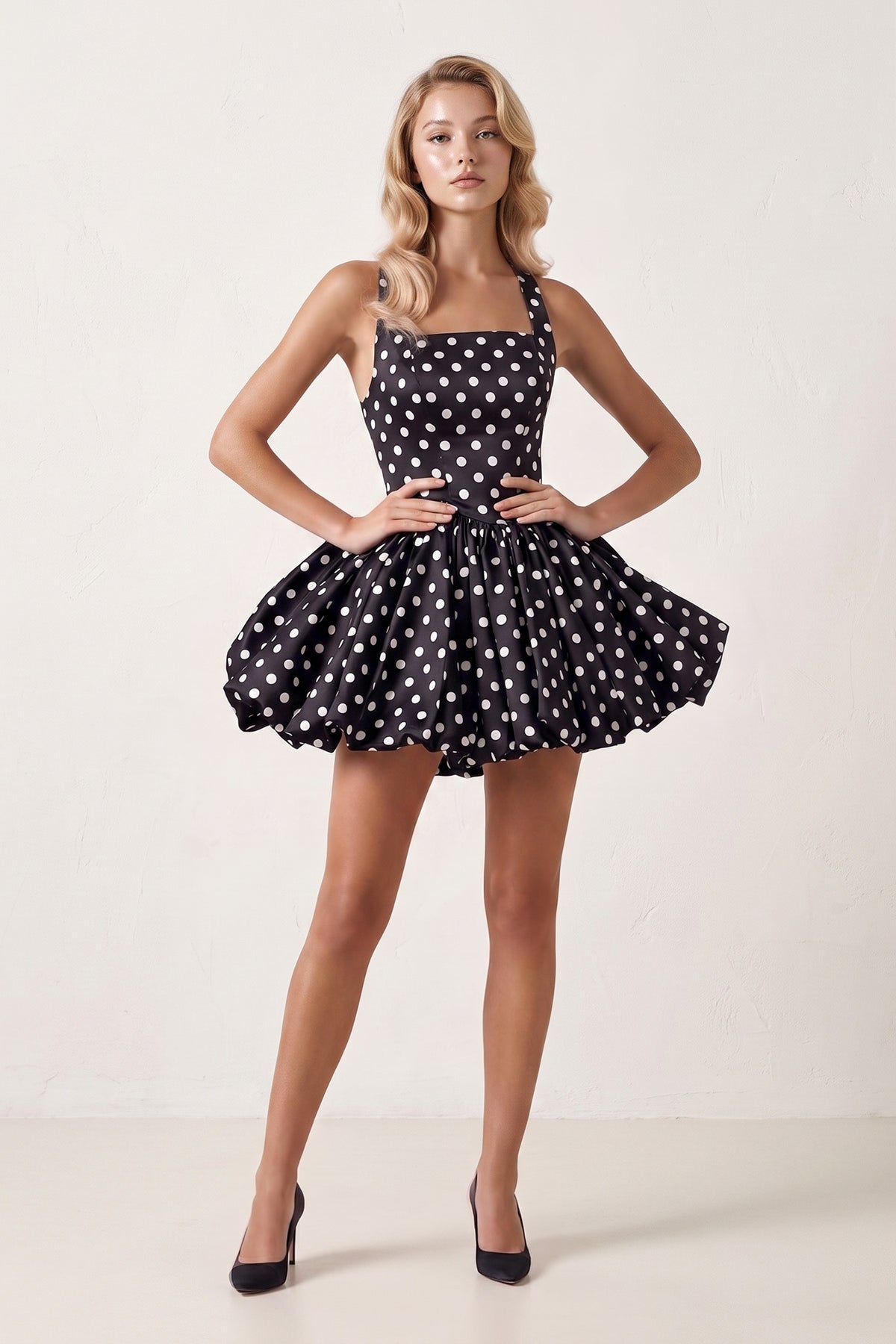 Pink Polka Dots Halter Satin Bubble Hem A-Line Homecoming Dress