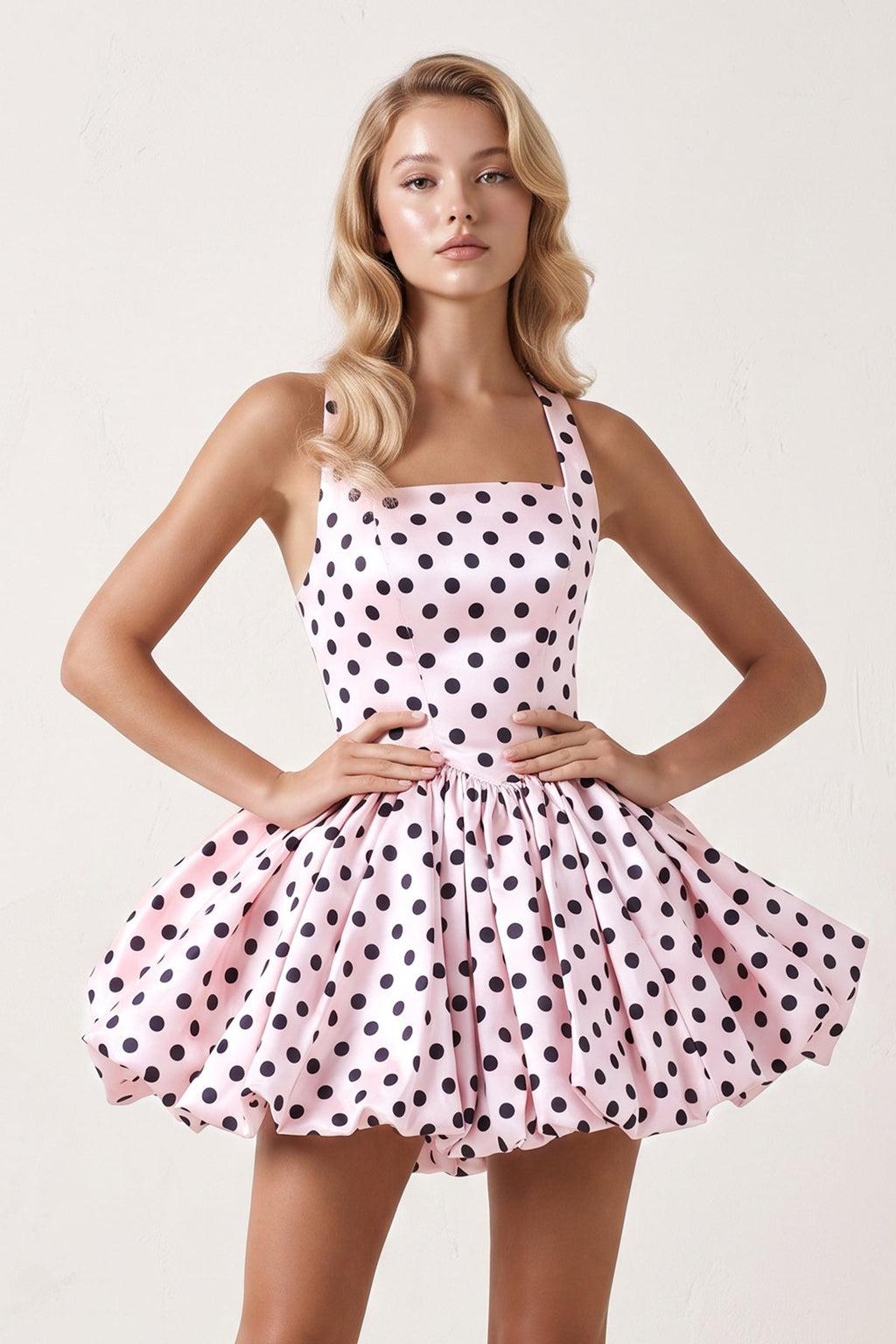 Pink Polka Dots Halter Satin Bubble Hem A-Line Homecoming Dress