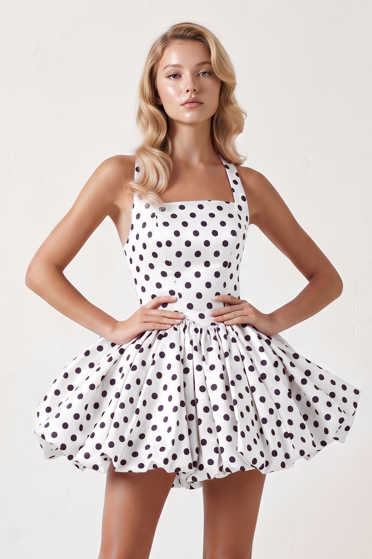 Pink Polka Dots Halter Satin Bubble Hem A-Line Homecoming Dress