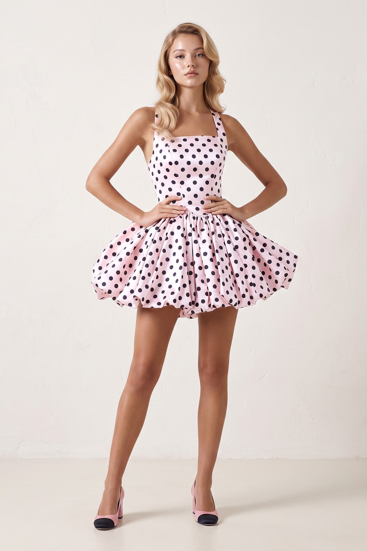 Pink Polka Dots Halter Satin Bubble Hem A-Line Homecoming Dress