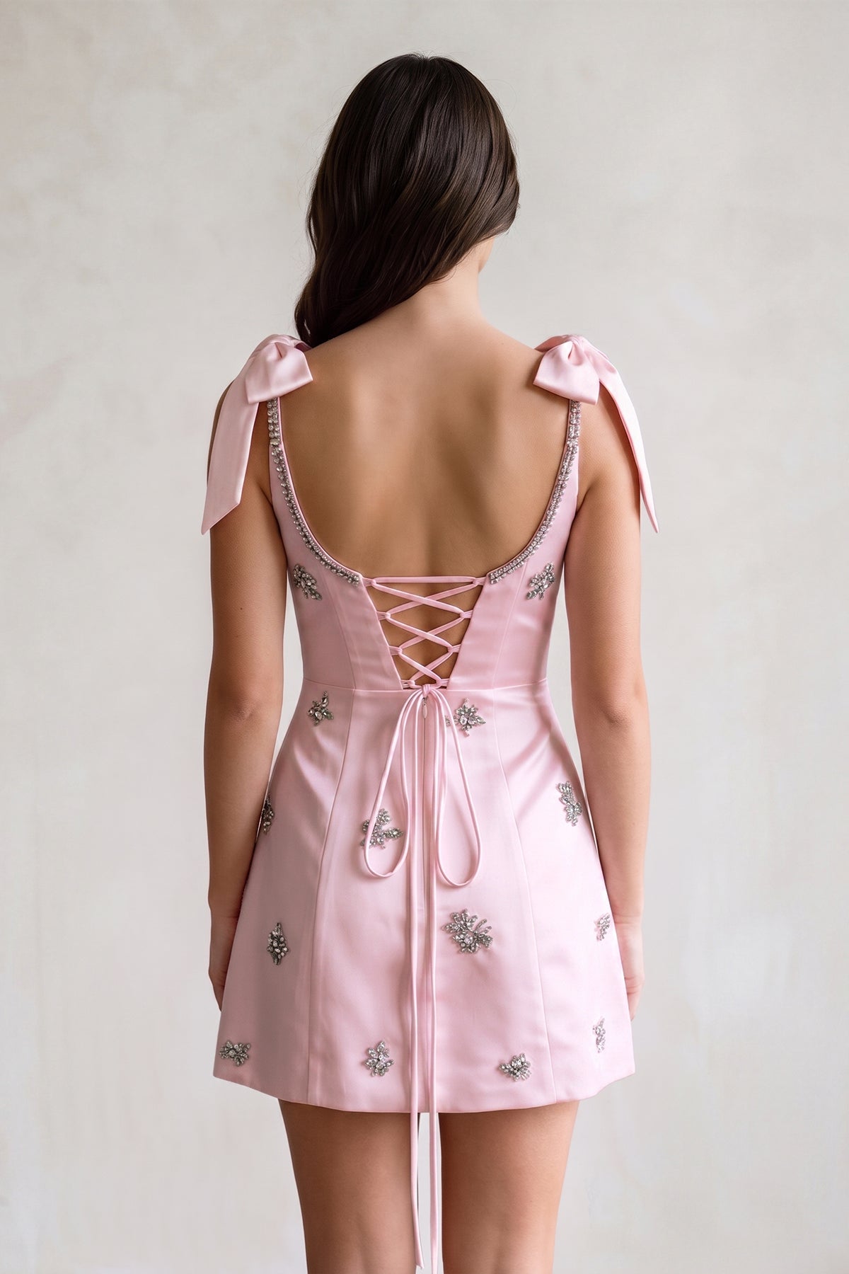 White Scoop Neck A-Line Satin Beaded Homecoming Dress with Bow
