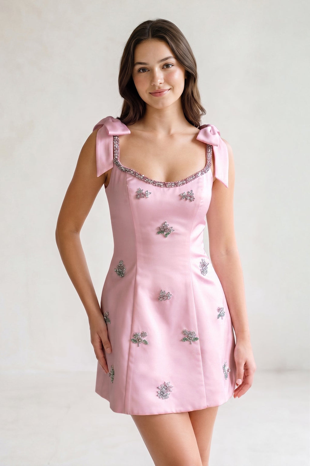 White Scoop Neck A-Line Satin Beaded Homecoming Dress with Bow