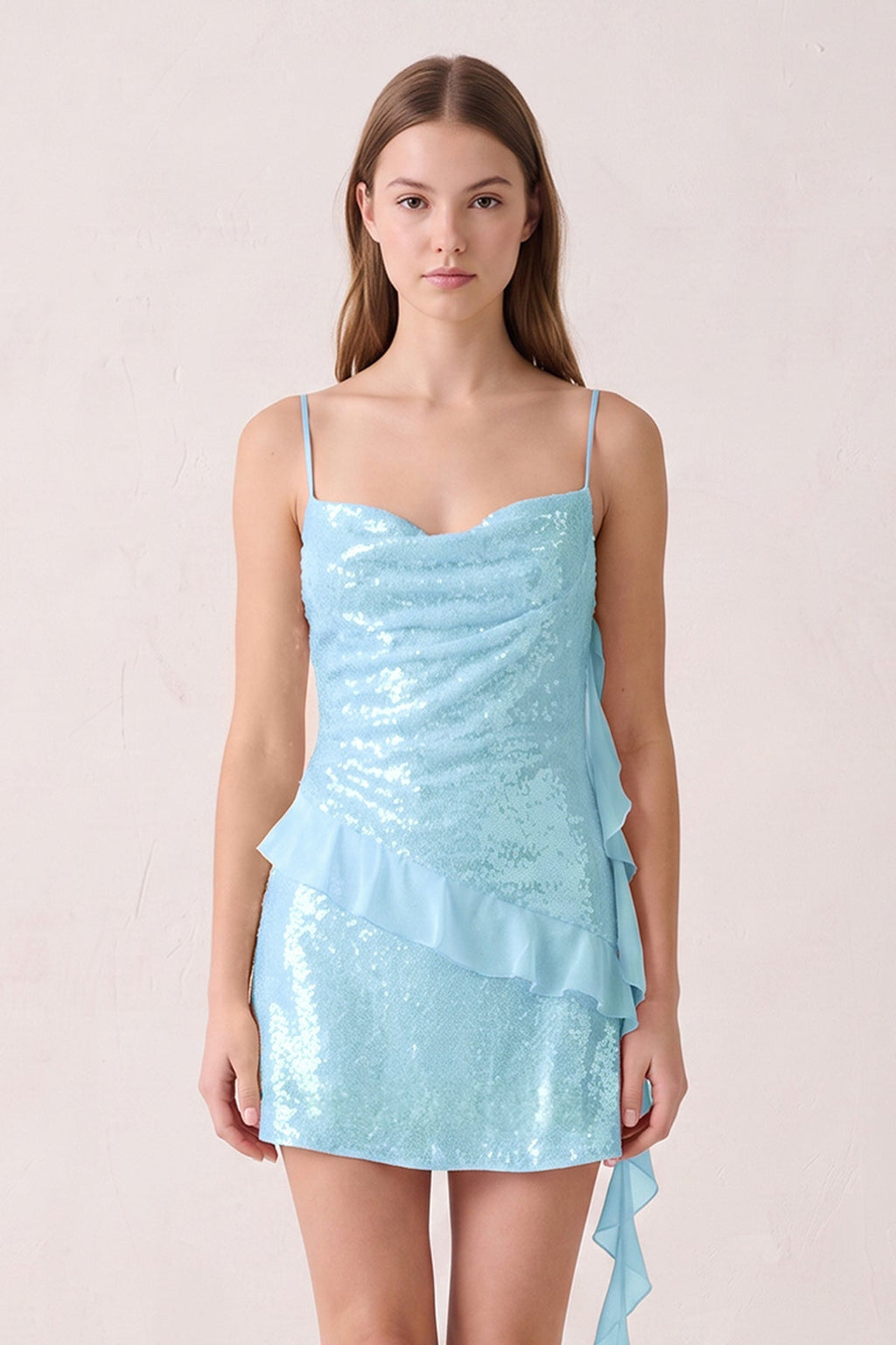 Pink Spaghetti Straps Sequin Ruched Ruffled Sheath Homecoming Dress