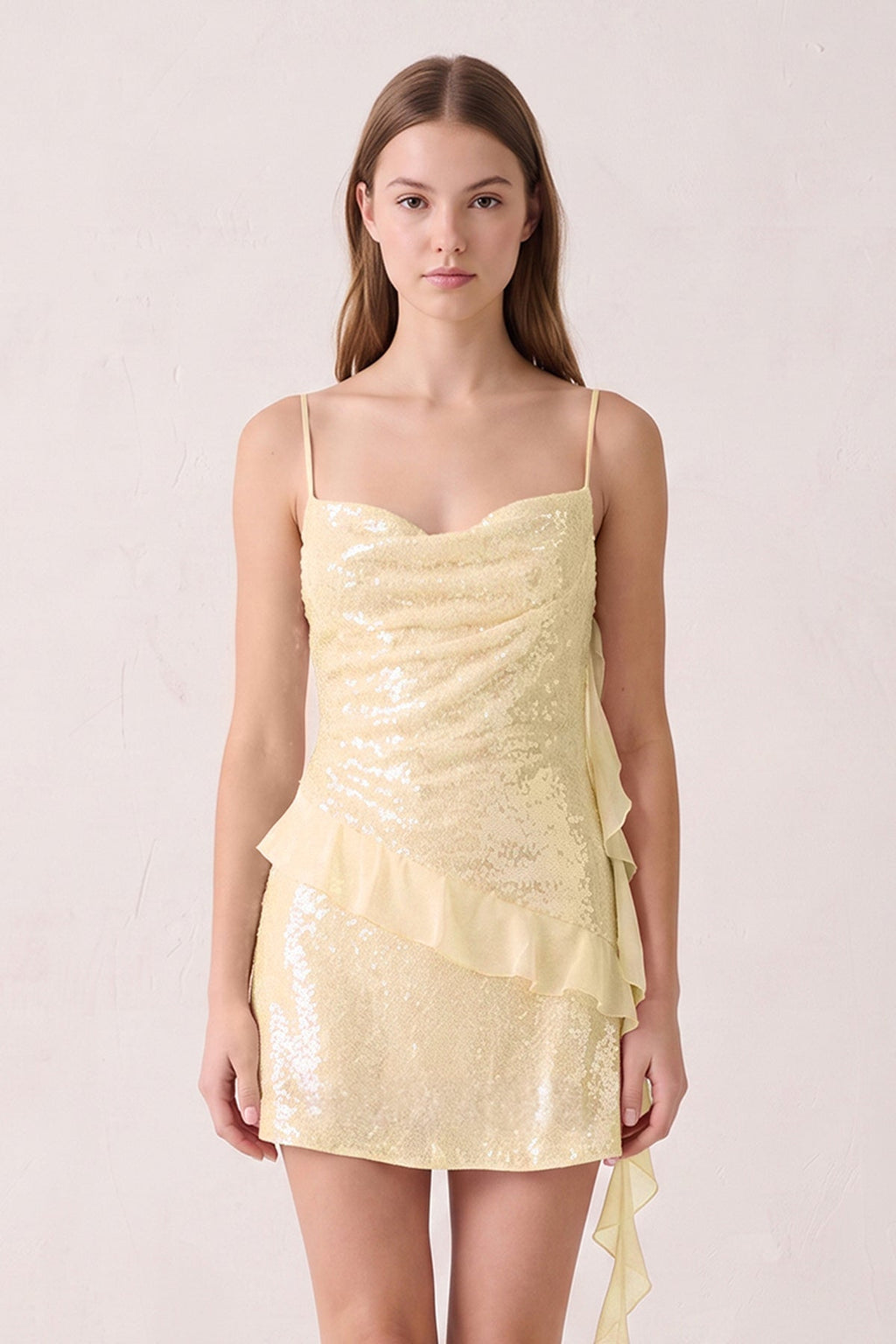Pink Spaghetti Straps Sequin Ruched Ruffled Sheath Homecoming Dress